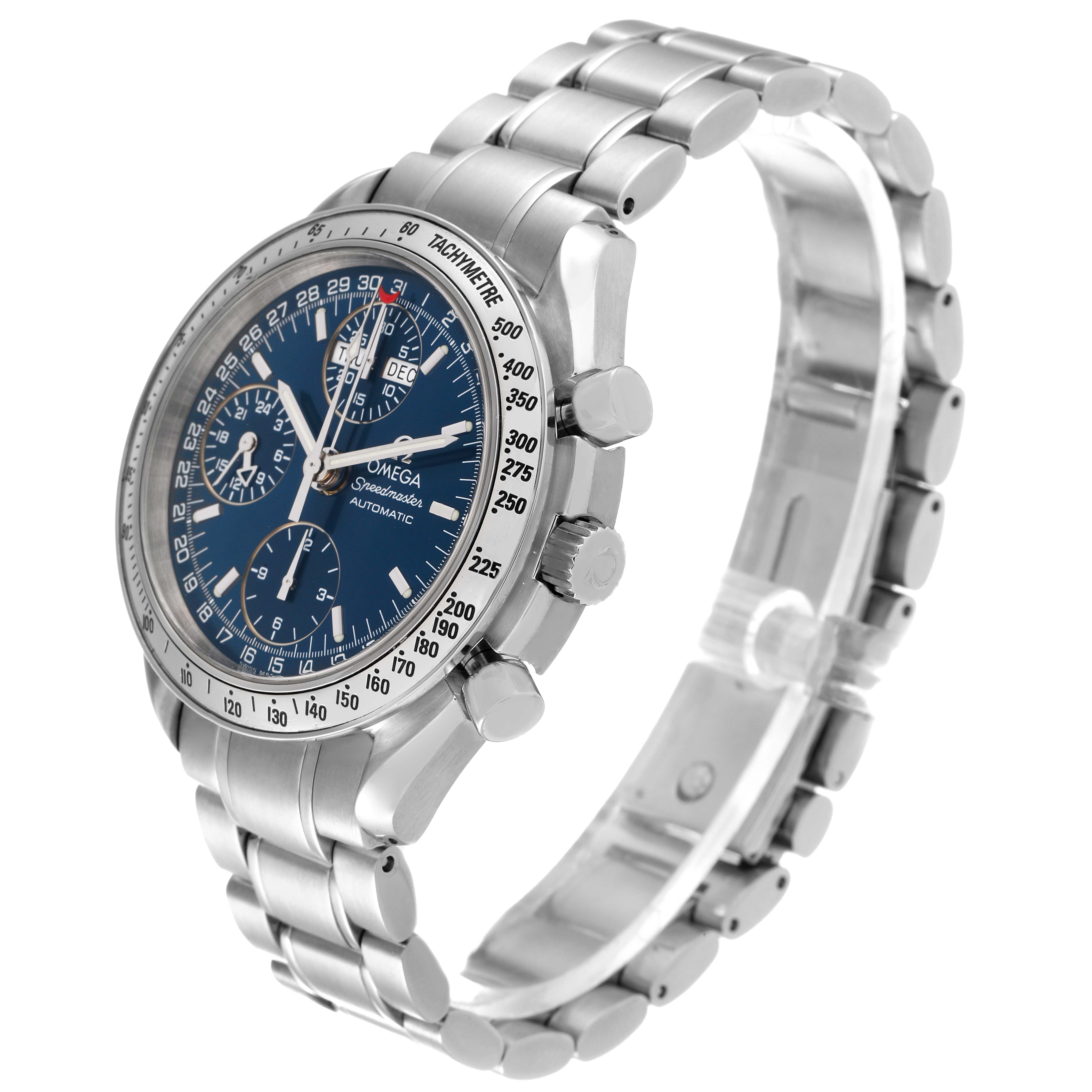 The Omega Speedmaster 3523.80.00 Men's Stainless Steel Blue Dial 3523.80.00 Men's Stainless Steel Blue Dial watch is shown at a three-quarter angle, featuring its face, crown, pushers, and steel bracelet.