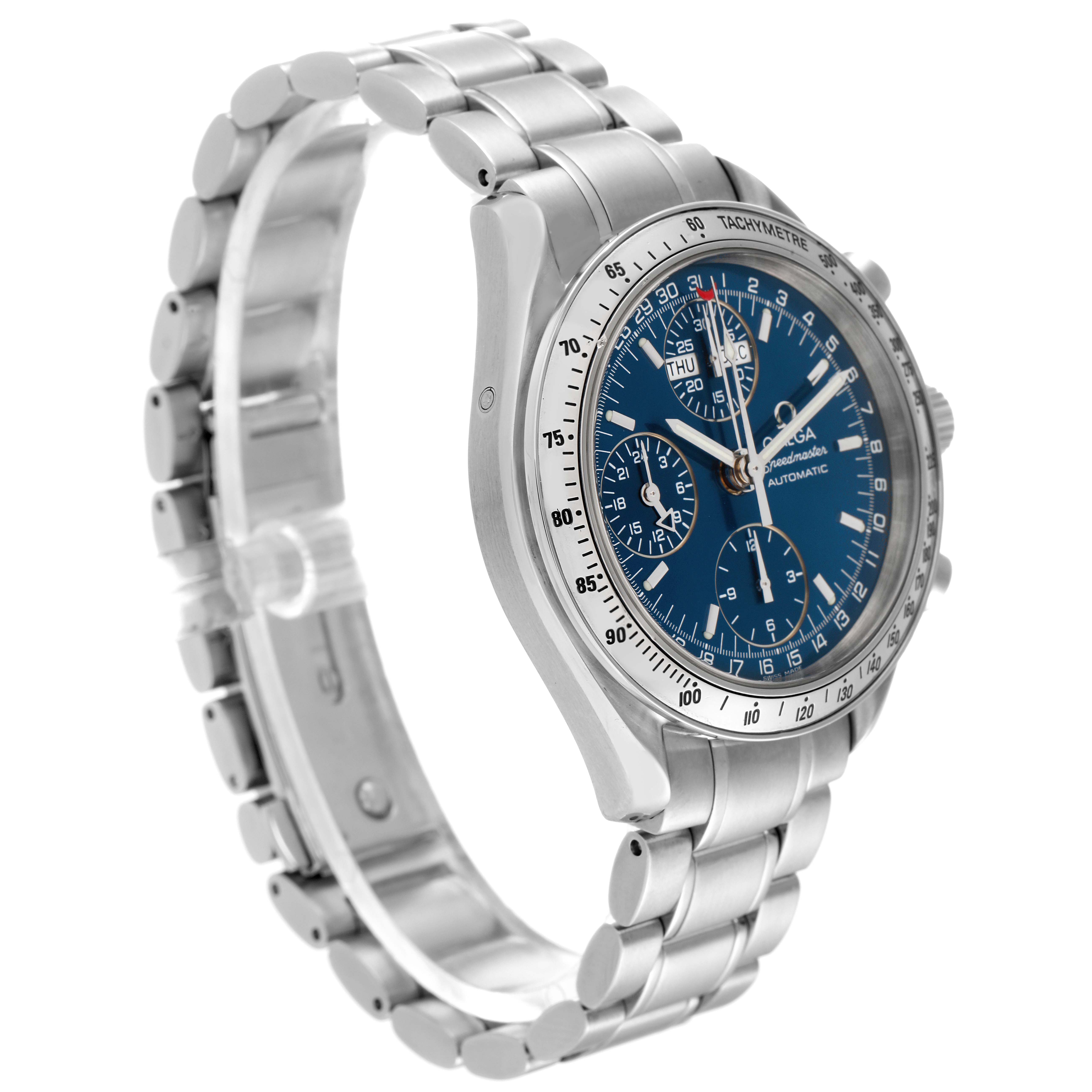 The image shows an angled view of an Omega Speedmaster 3523.80.00 Men's Stainless Steel Blue Dial 3523.80.00 Men's Stainless Steel Blue Dial watch, highlighting its blue dial and stainless steel bracelet.