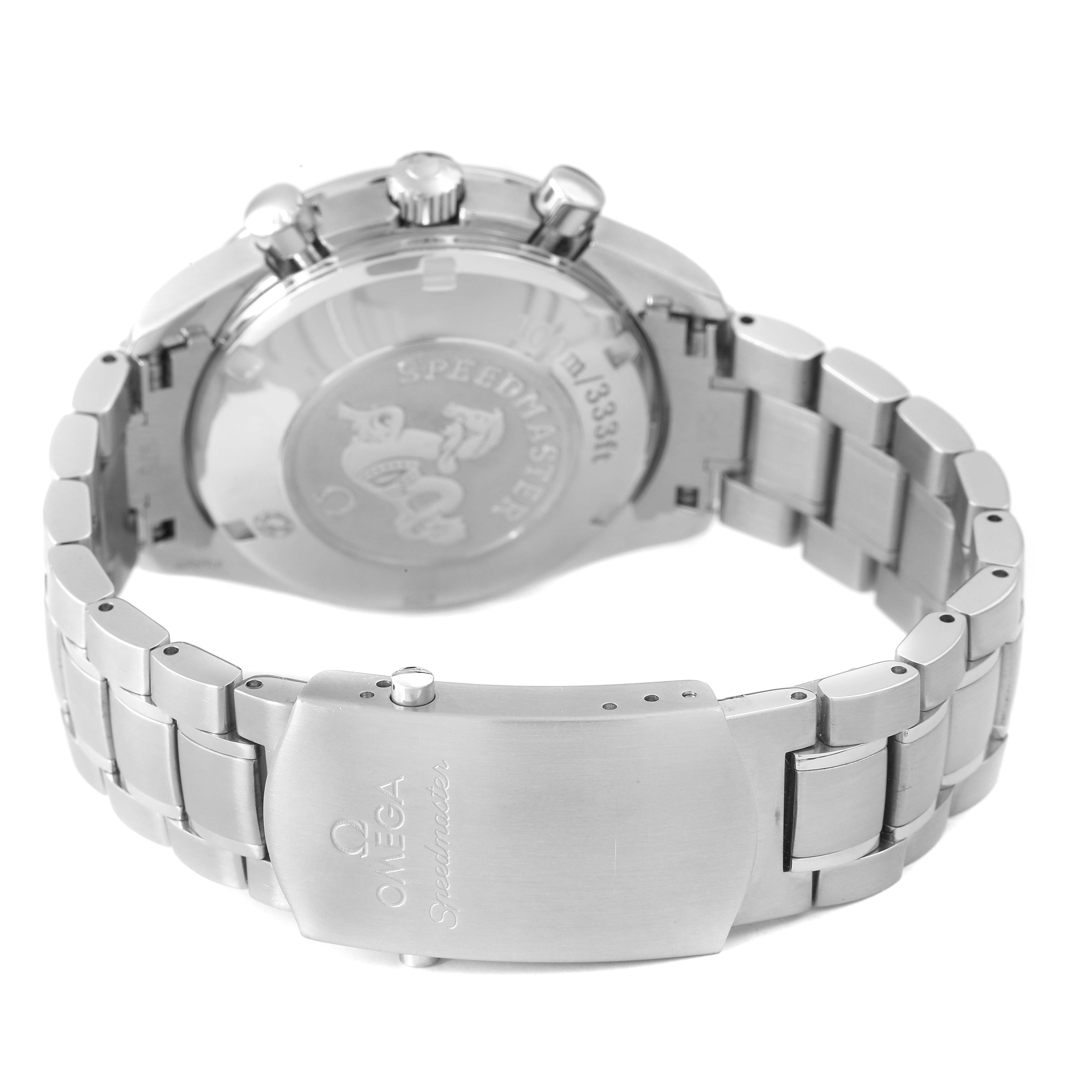 The Omega Speedmaster 3221.30.00 Men's Stainless Steel Silver Dial is shown from the back, highlighting the clasp, bracelet, and case back details.