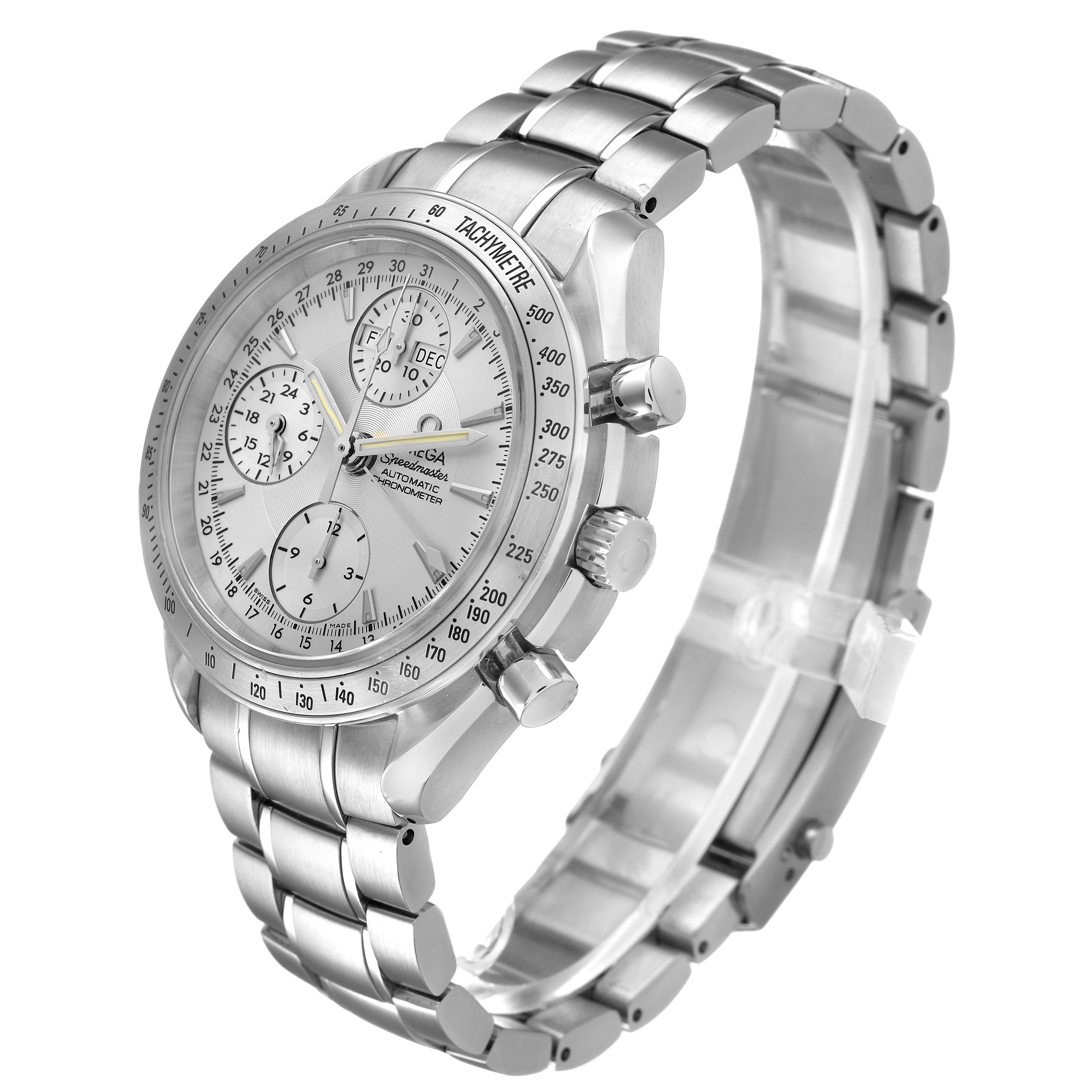 The Omega Speedmaster 3221.30.00 Men's Stainless Steel Silver Dial watch is shown at an angled side view, revealing the face, tachymetre bezel, pushers, and metal bracelet.
