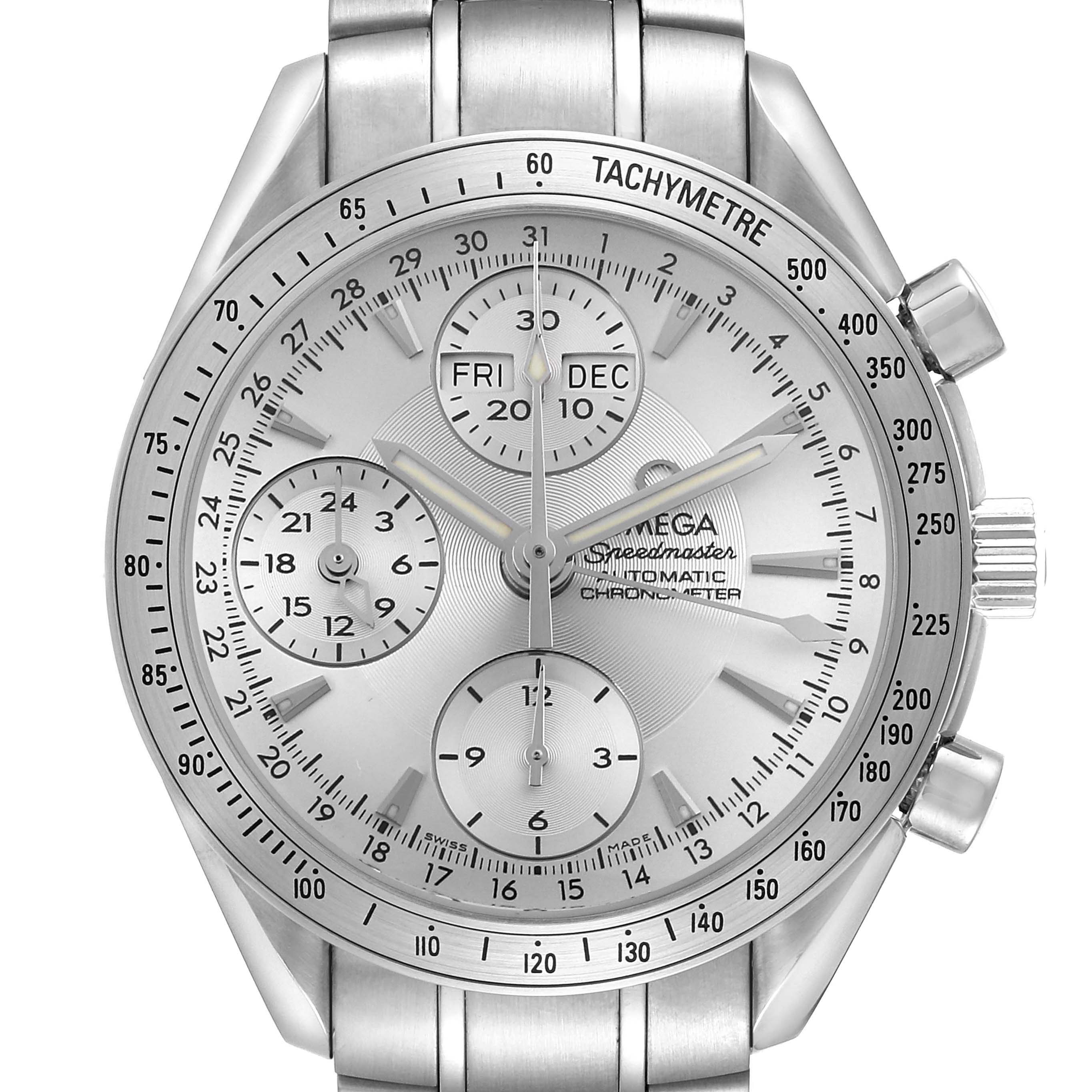The Omega Speedmaster 3221.30.00 Men's Stainless Steel Silver Dial watch is shown from the front, highlighting the dial, subdials, tachymeter bezel, and pushers.