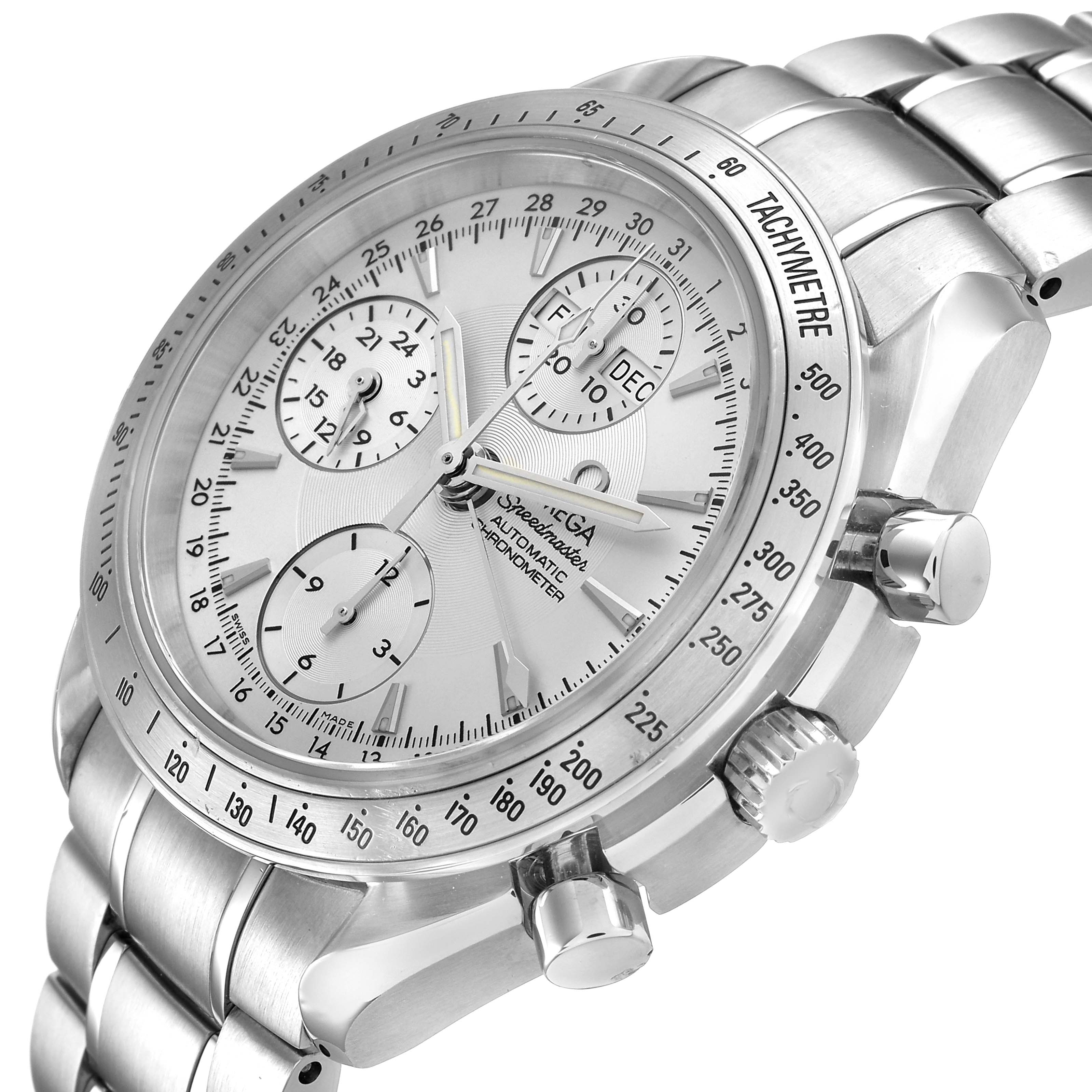 The Omega Speedmaster 3221.30.00 Men's Stainless Steel Silver Dial watch is shown at an angled side view, highlighting its face, tachymetre bezel, and chronograph pushers.