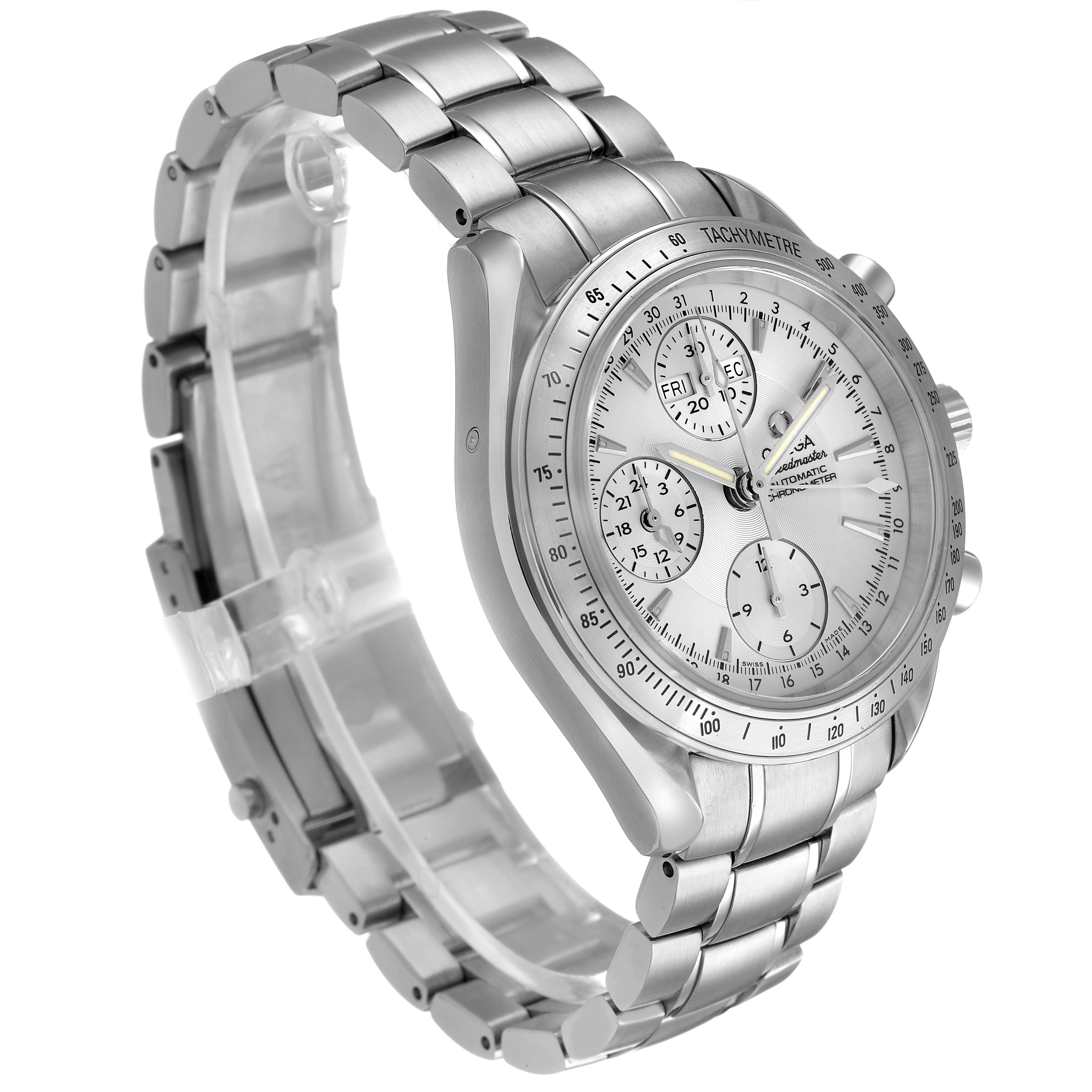 The Omega Speedmaster 3221.30.00 Men's Stainless Steel Silver Dial is shown at a three-quarter angle, highlighting the dial, bezel, and metal bracelet.
