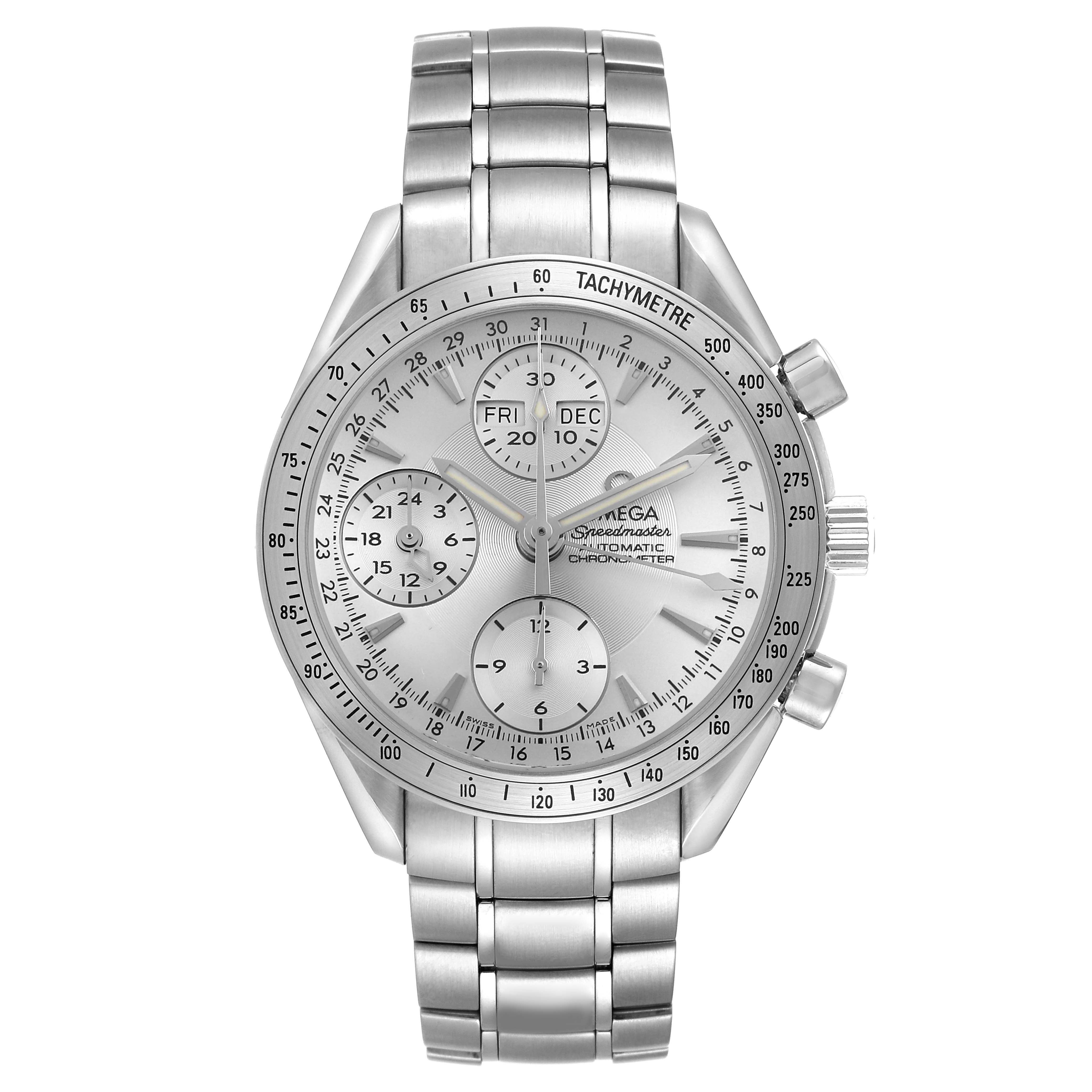 The Omega Speedmaster 3221.30.00 Men's Stainless Steel Silver Dial watch is shown from a front angle, displaying the dial, bezel, and bracelet.