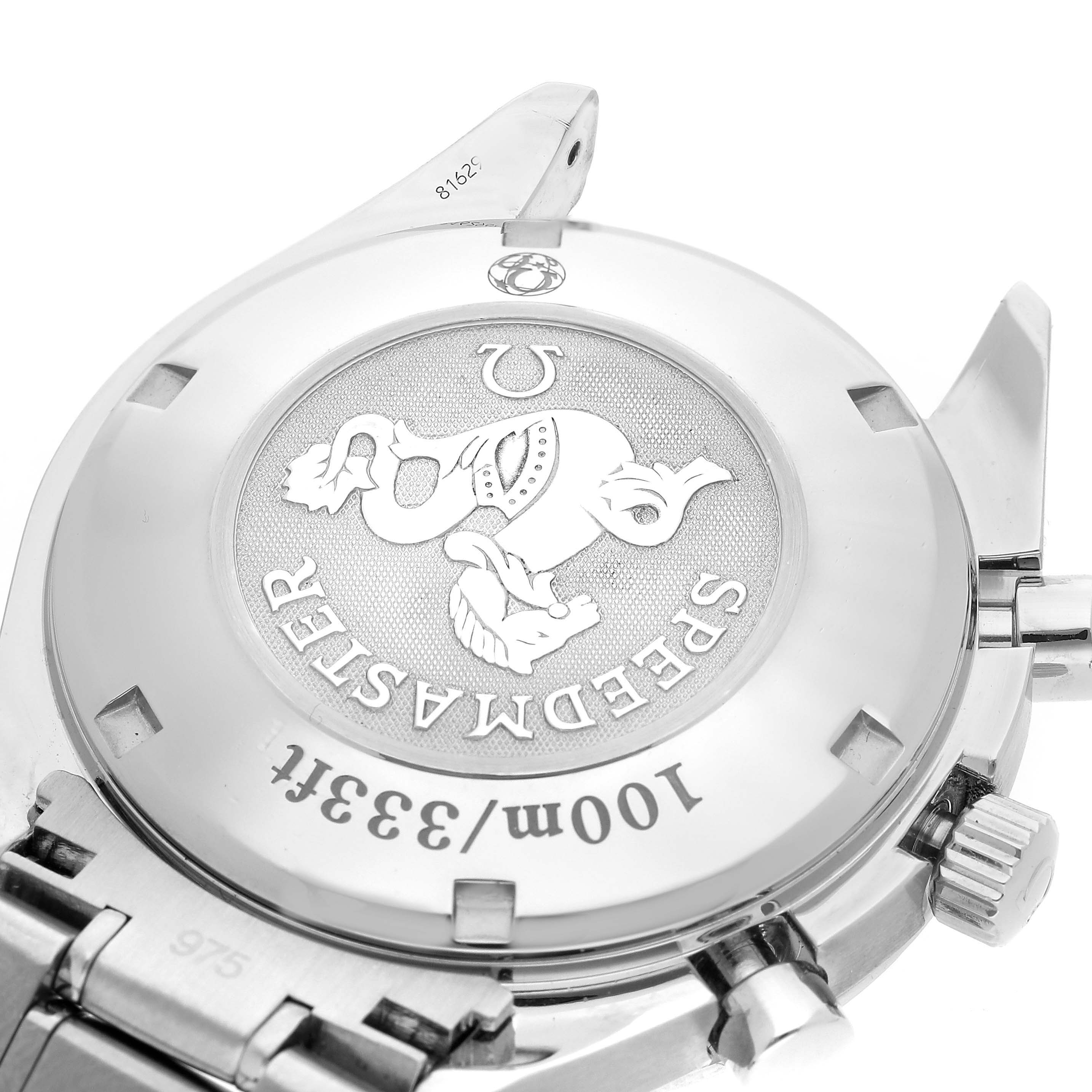 The image shows the case back and crown of an Omega Speedmaster 3221.30.00 Men's Stainless Steel Silver Dial, highlighting logo engravings and water resistance markings.