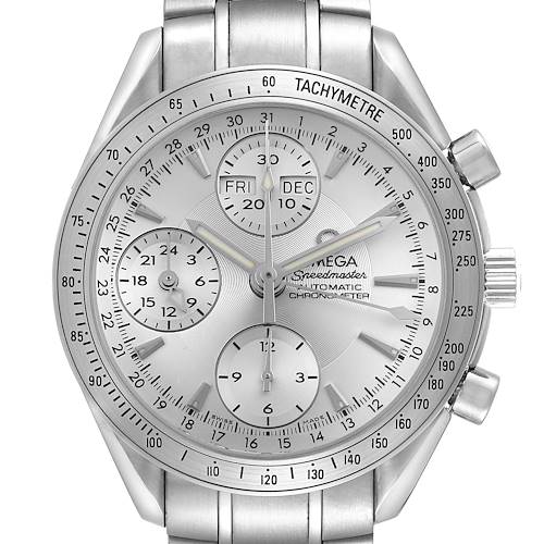 The Omega Speedmaster 3221.30.00 Men's Stainless Steel Silver Dial watch is shown from the front, displaying the dial, sub-dials, crown, and tachymeter bezel.
