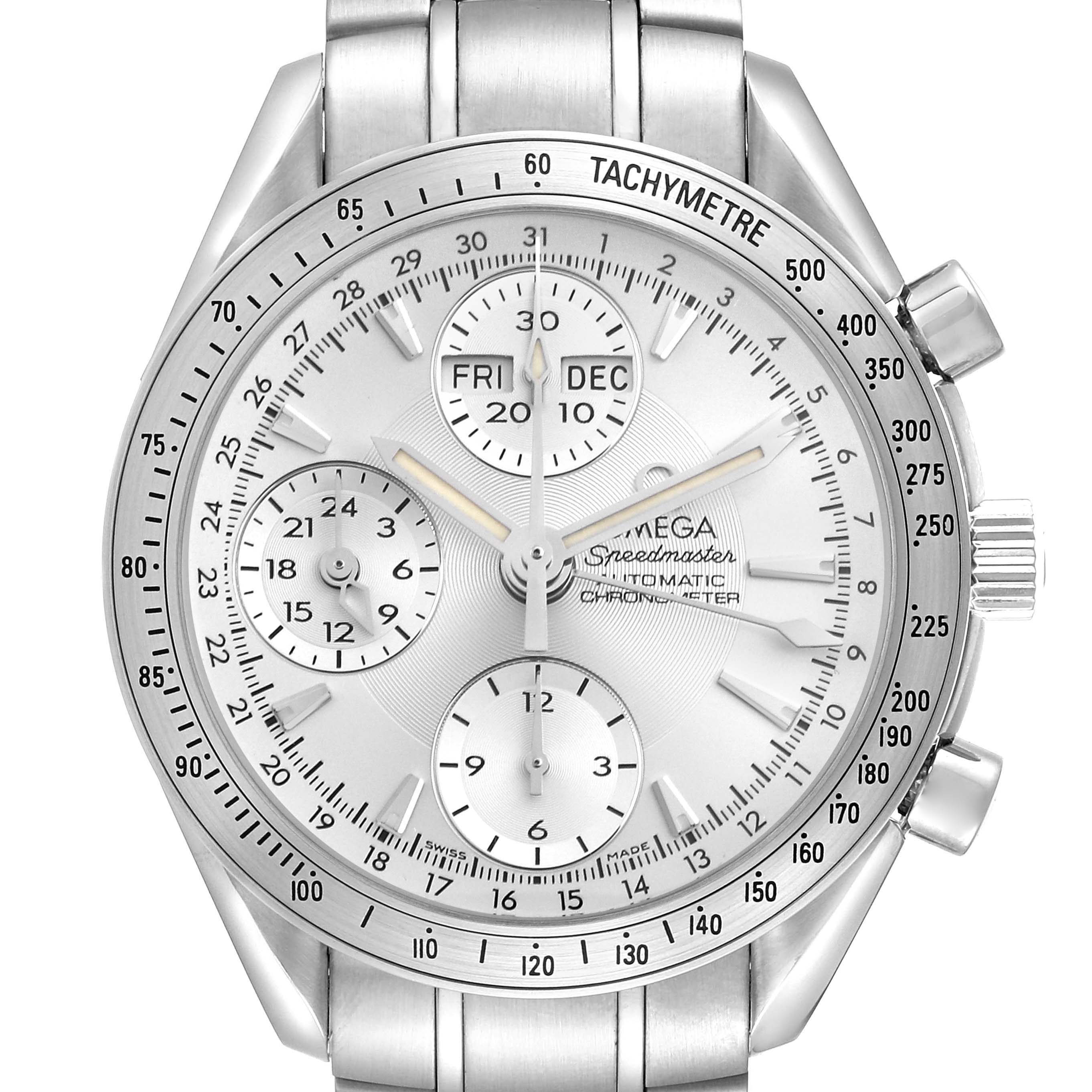 The Omega Speedmaster 3221.30.00 Men's Stainless Steel Silver Dial watch is shown from the front, displaying the dial, tachymetre bezel, and pushers clearly.