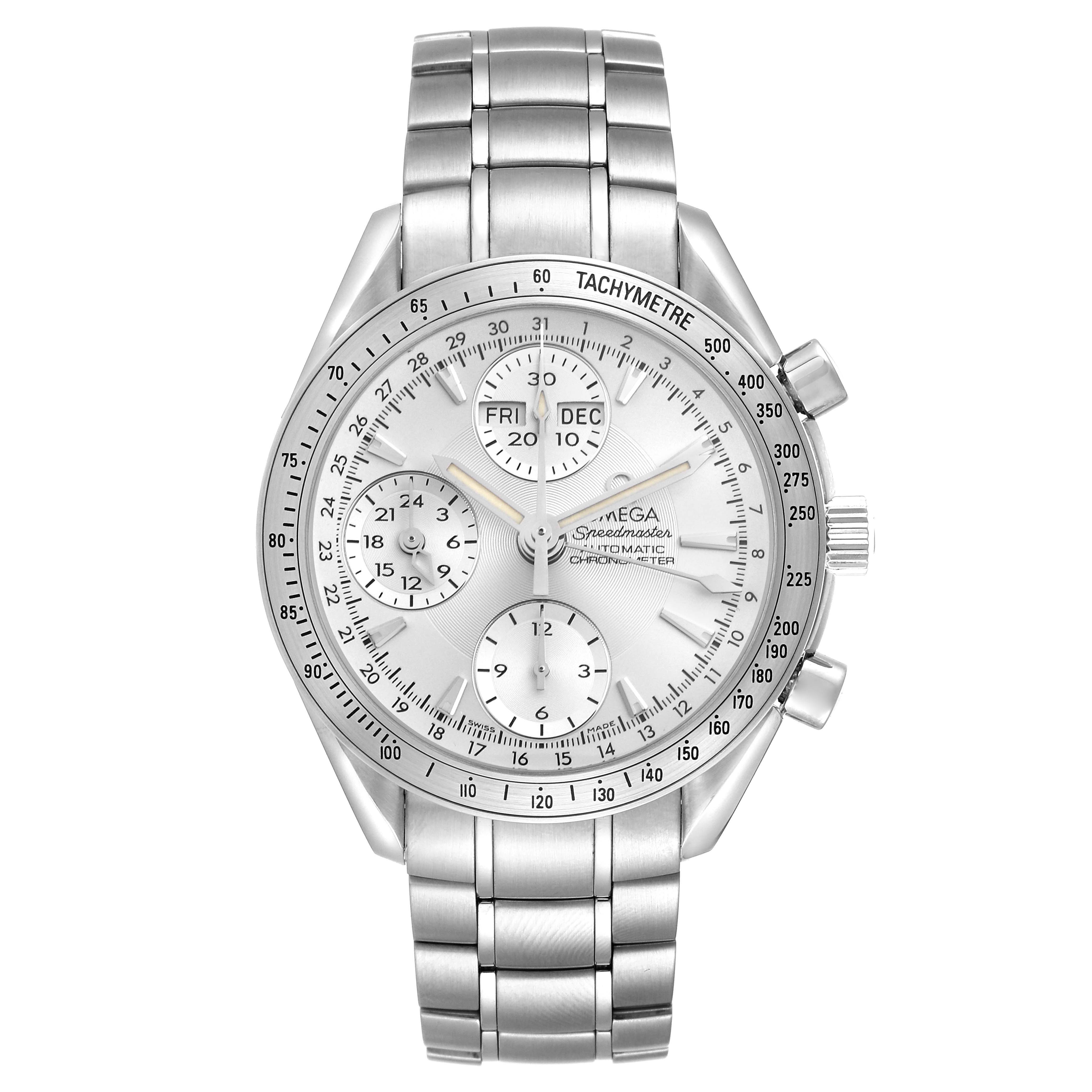 The Omega Speedmaster 3221.30.00 Men's Stainless Steel Silver Dial watch is shown from a front angle, displaying the dial, subdials, tachymeter bezel, and silver bracelet.