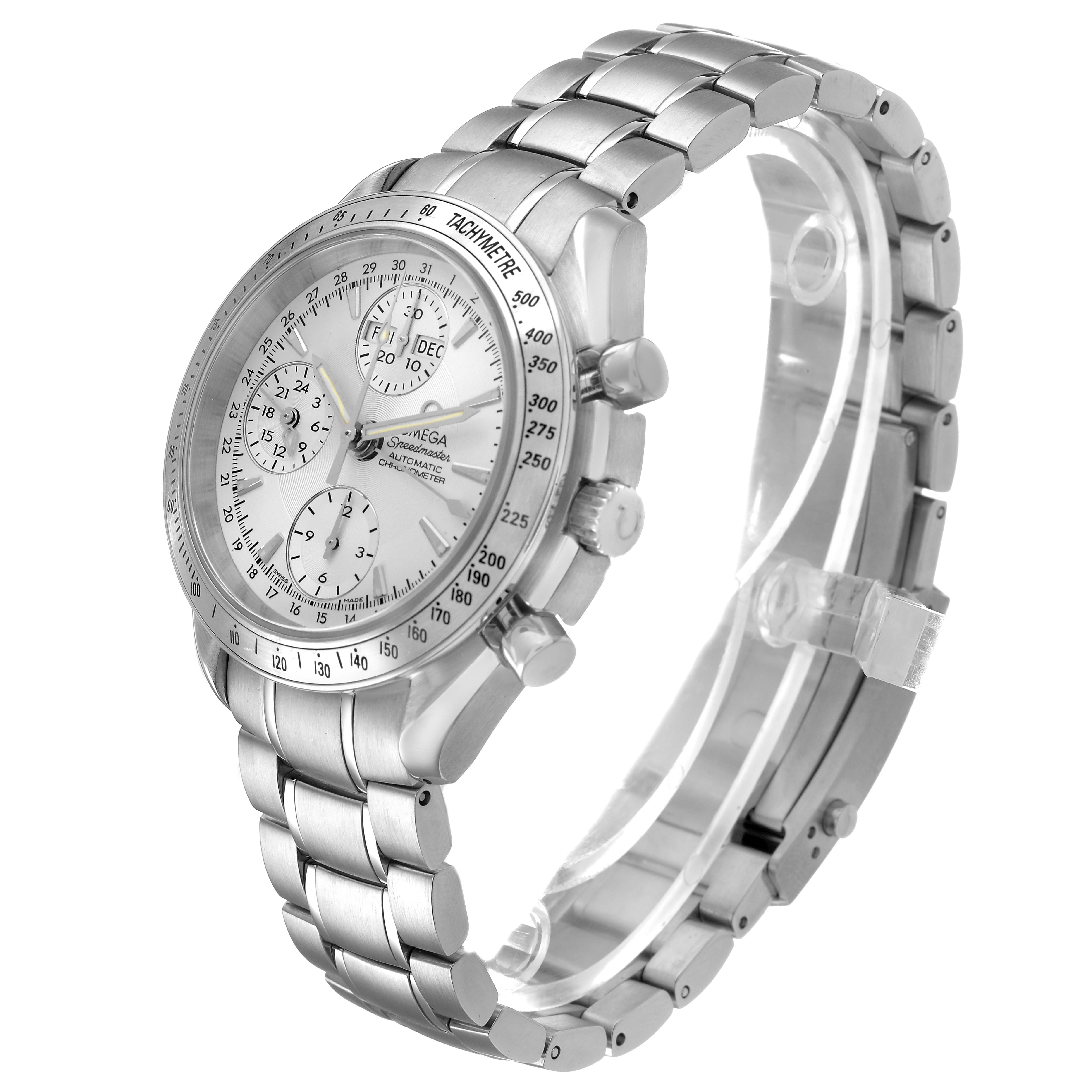 The Omega Speedmaster 3221.30.00 Men's Stainless Steel Silver Dial watch is shown from a side angle, highlighting the dial, case, bracelet, and pushers.