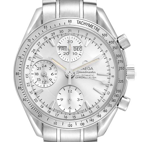 The Omega Speedmaster 3221.30.00 Men's Stainless Steel Silver Dial watch is shown from the front, highlighting its silver dial, subdials, tachymeter scale, and metal bracelet.