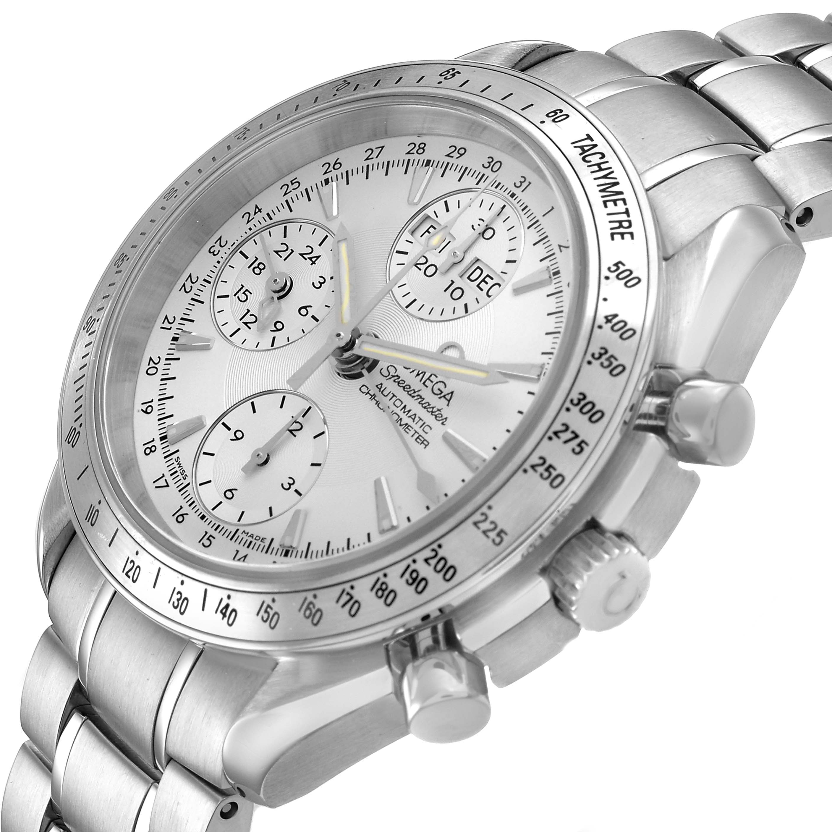 The Omega Speedmaster 3221.30.00 Men's Stainless Steel Silver Dial watch is shown from a low-angle, highlighting the dial, bezel, and pushers.