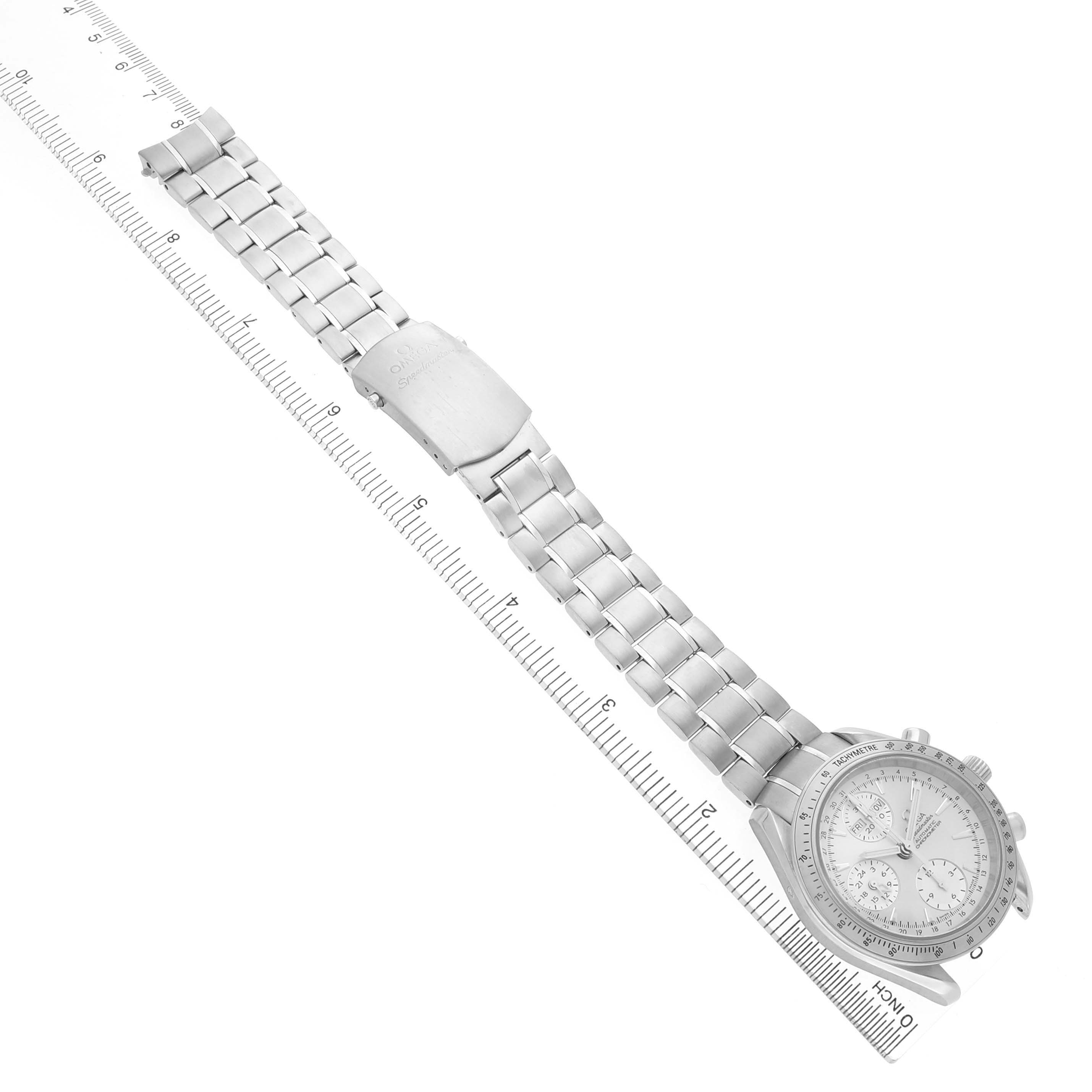The image shows an Omega Speedmaster 3221.30.00 Men's Stainless Steel Silver Dial watch laid flat, displaying its bracelet, clasp, and watch face from a top-down angle.