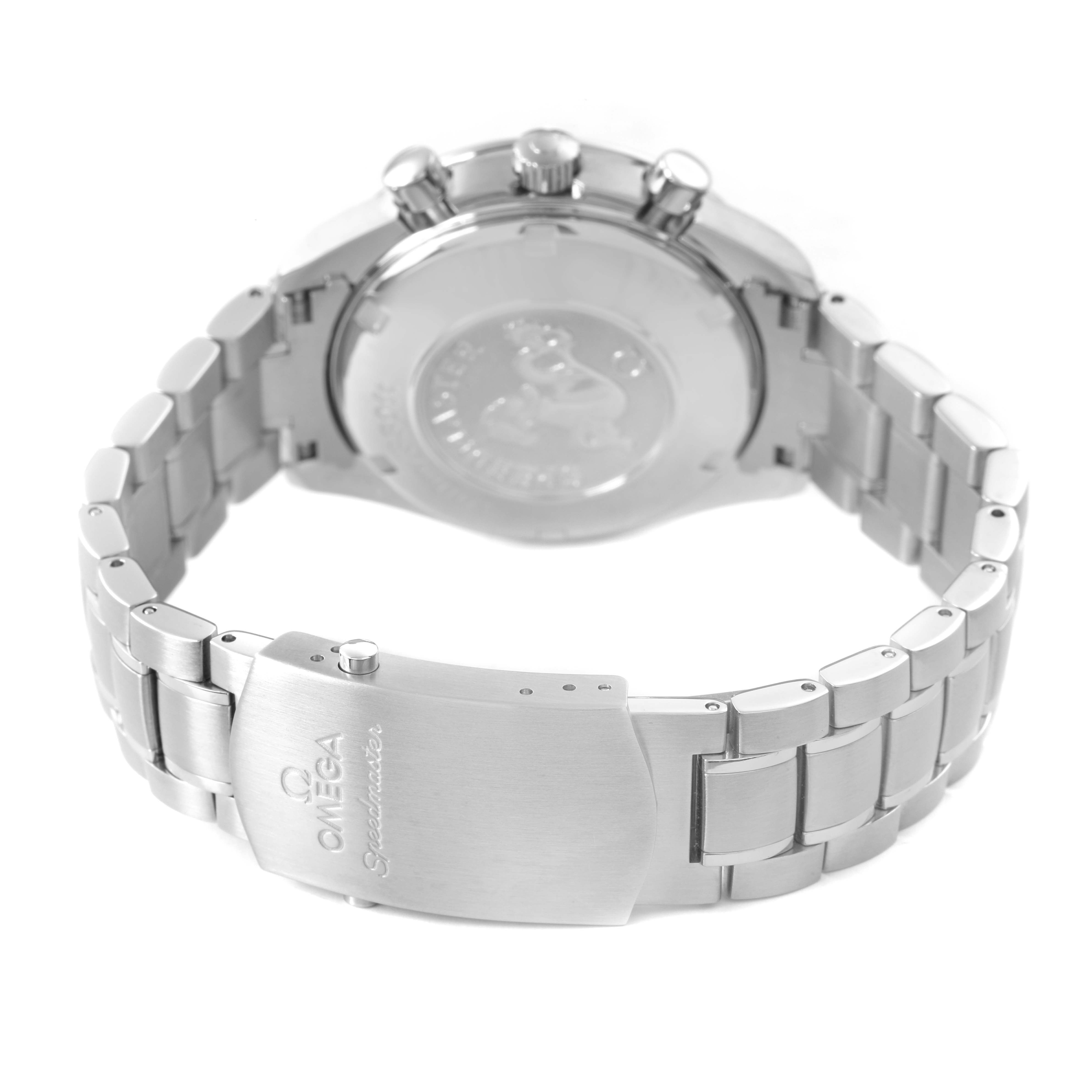 The Omega Speedmaster 3221.30.00 Men's Stainless Steel Silver Dial watch is shown from a rear angle, highlighting the bracelet, clasp with branding, and case back.