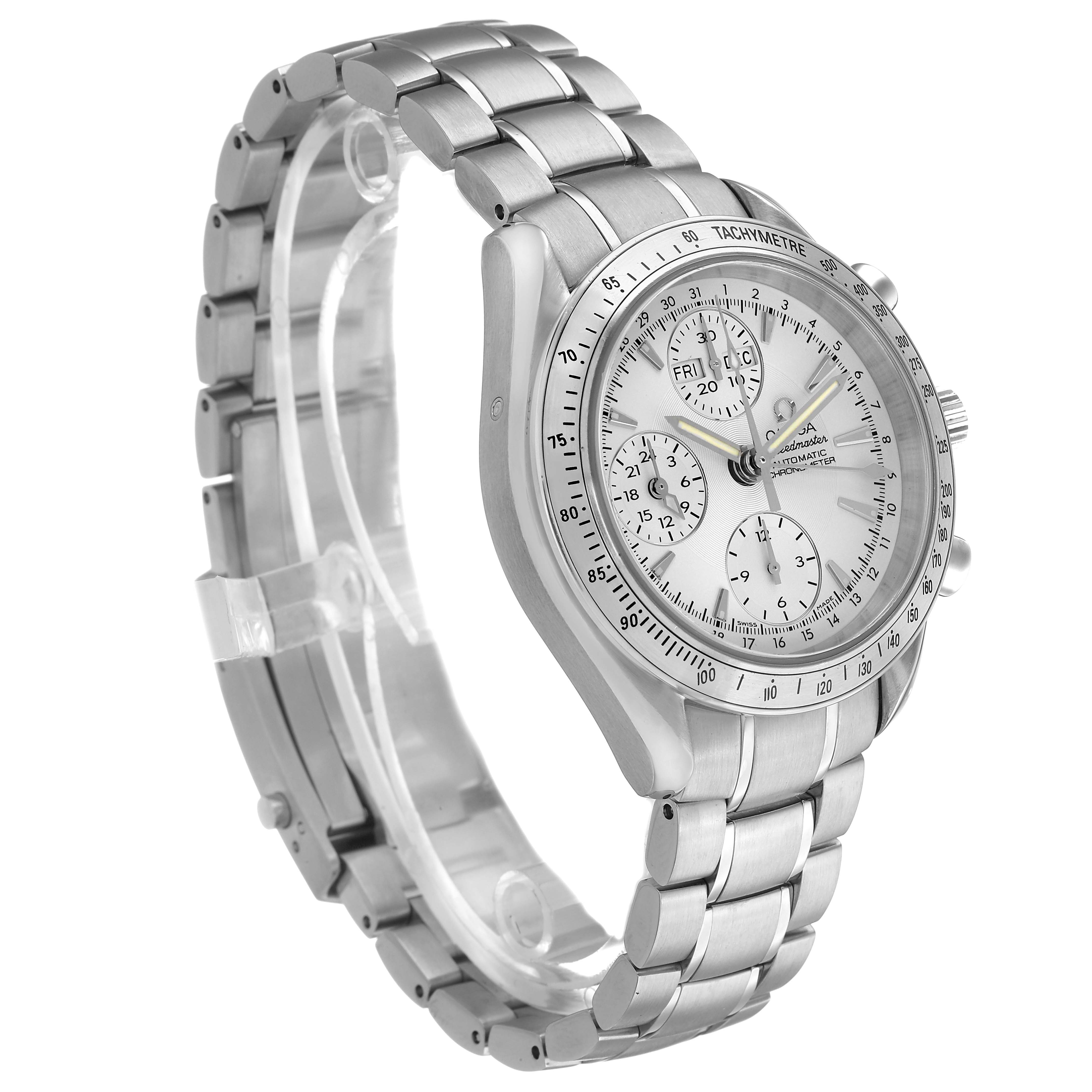 The Omega Speedmaster 3221.30.00 Men's Stainless Steel Silver Dial watch is shown at a 3/4 angle, highlighting the face, bezel, crown, and bracelet.