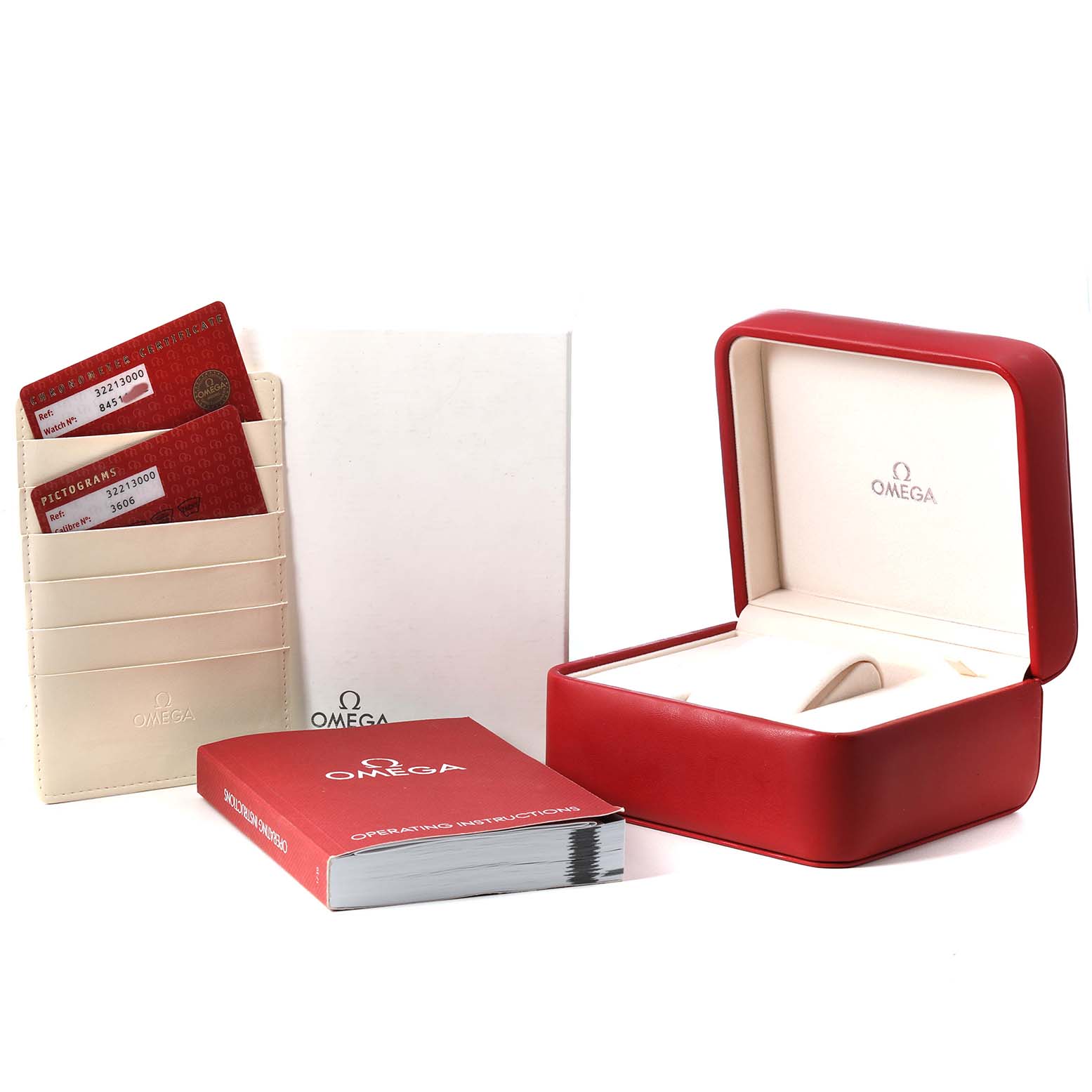 The image shows the box, instruction manual, and cardholder for an Omega Speedmaster 3221.30.00 Men's Stainless Steel Silver Dial watch.