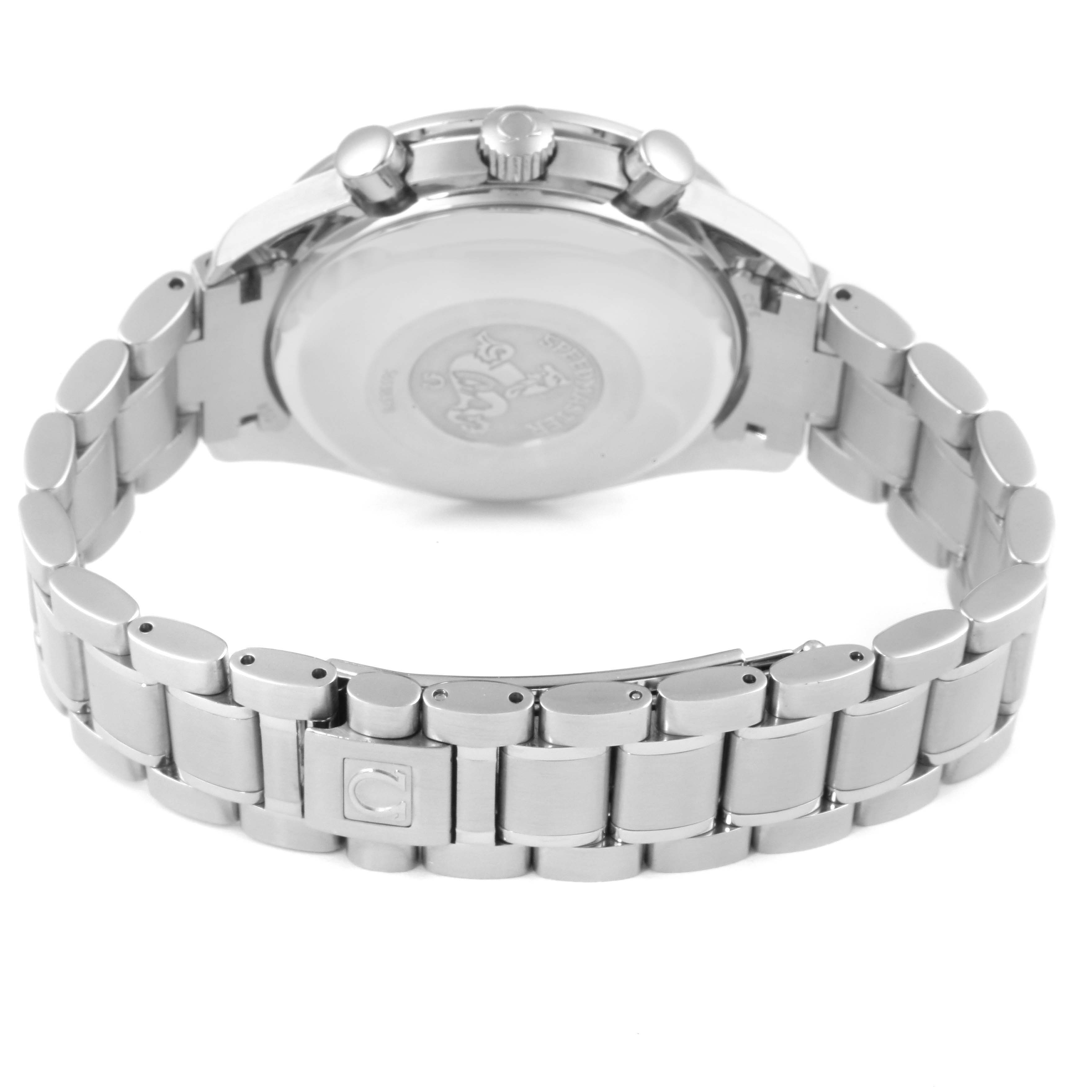 The image shows the back and bracelet of an Omega Speedmaster 3513.33.00 Men
s Stainless Steel White Dial 3513.33.00 Men
s Stainless Steel White Dial watch, highlighting the clasp and caseback.