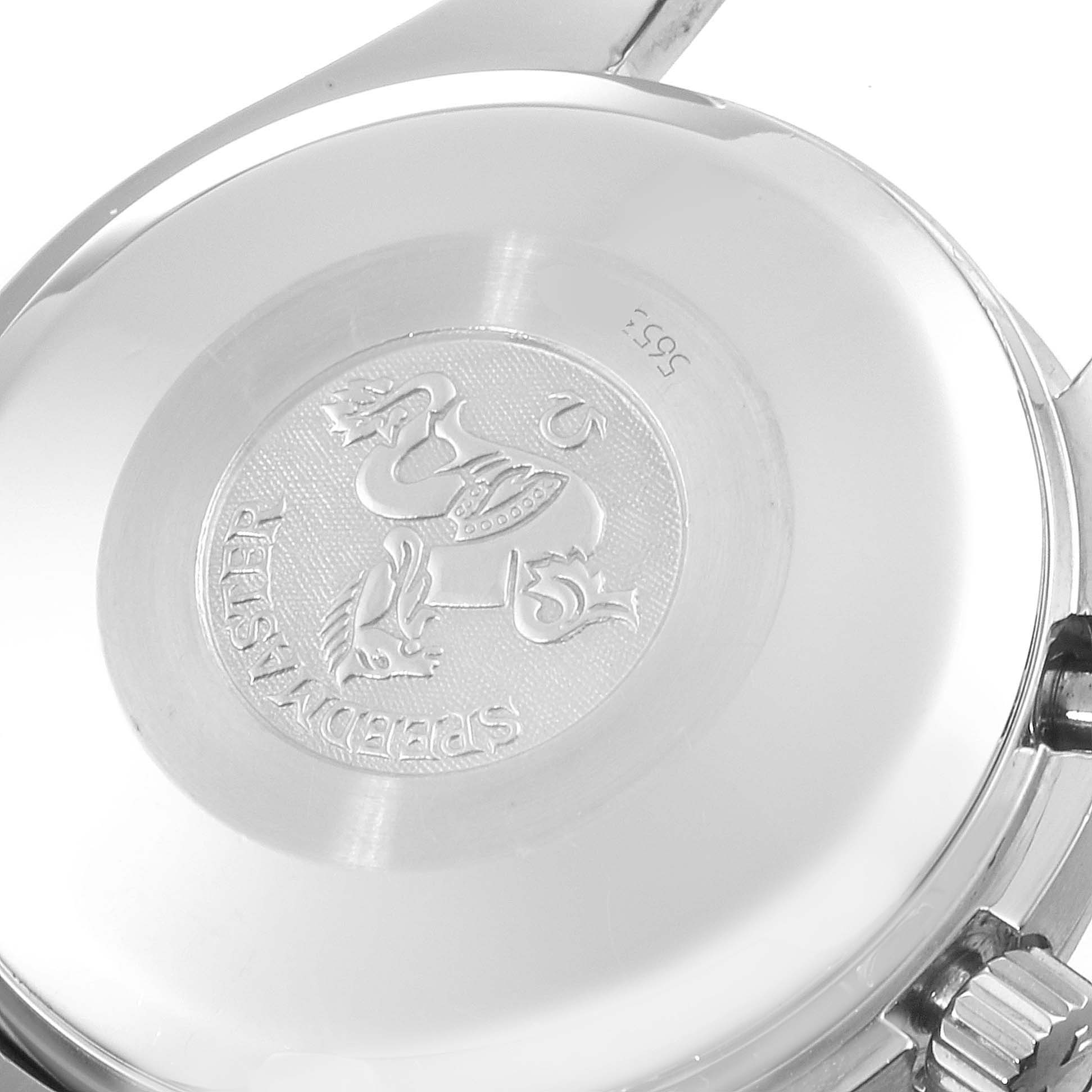 The image shows the back case of the Omega Speedmaster 3513.33.00 Men
s Stainless Steel White Dial 3513.33.00 Men
s Stainless Steel White Dial watch, featuring an engraved logo and model information.