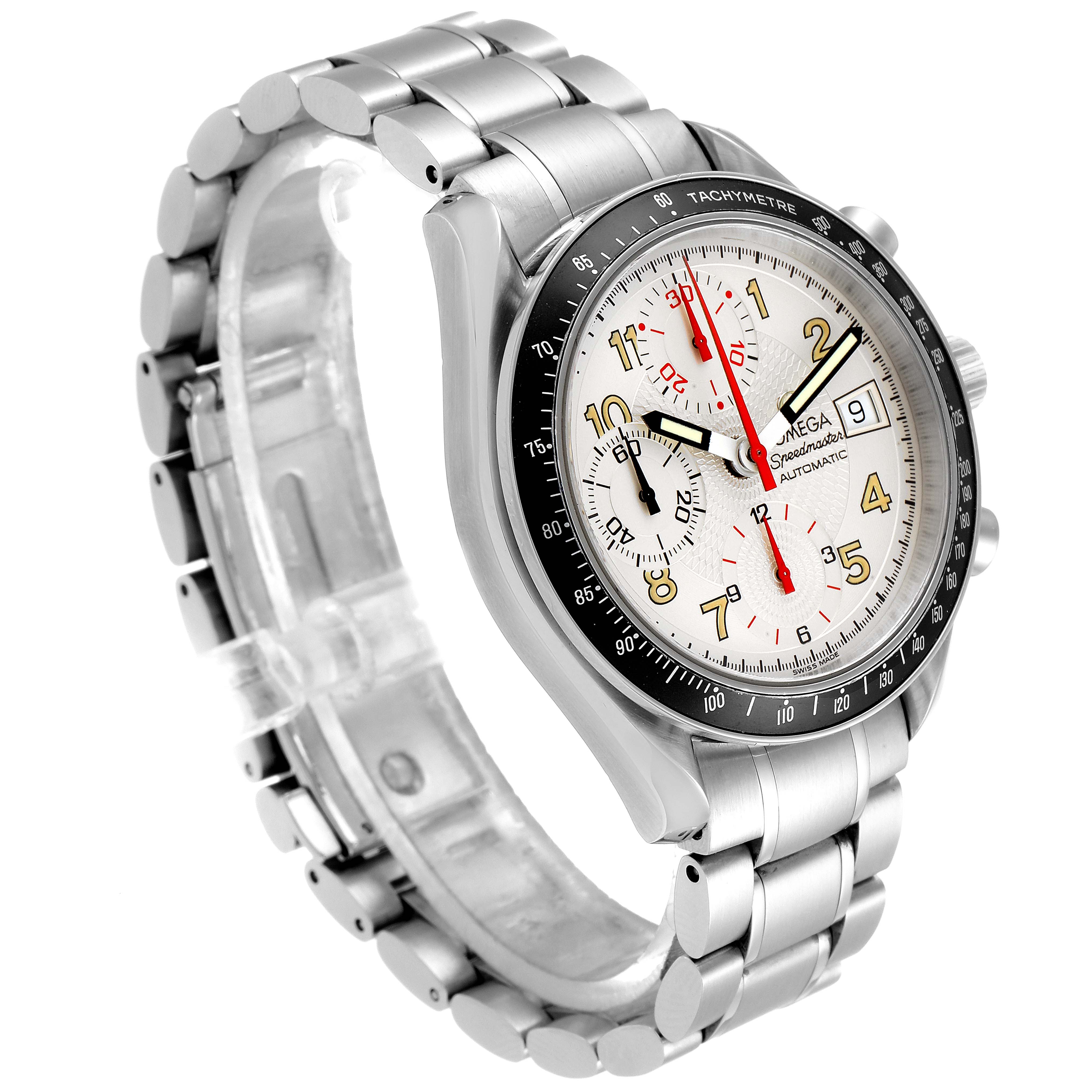 The Omega Speedmaster 3513.33.00 Men
s Stainless Steel White Dial 3513.33.00 Men
s Stainless Steel White Dial watch is shown at an angle highlighting the bracelet, bezel, dial, and crown.