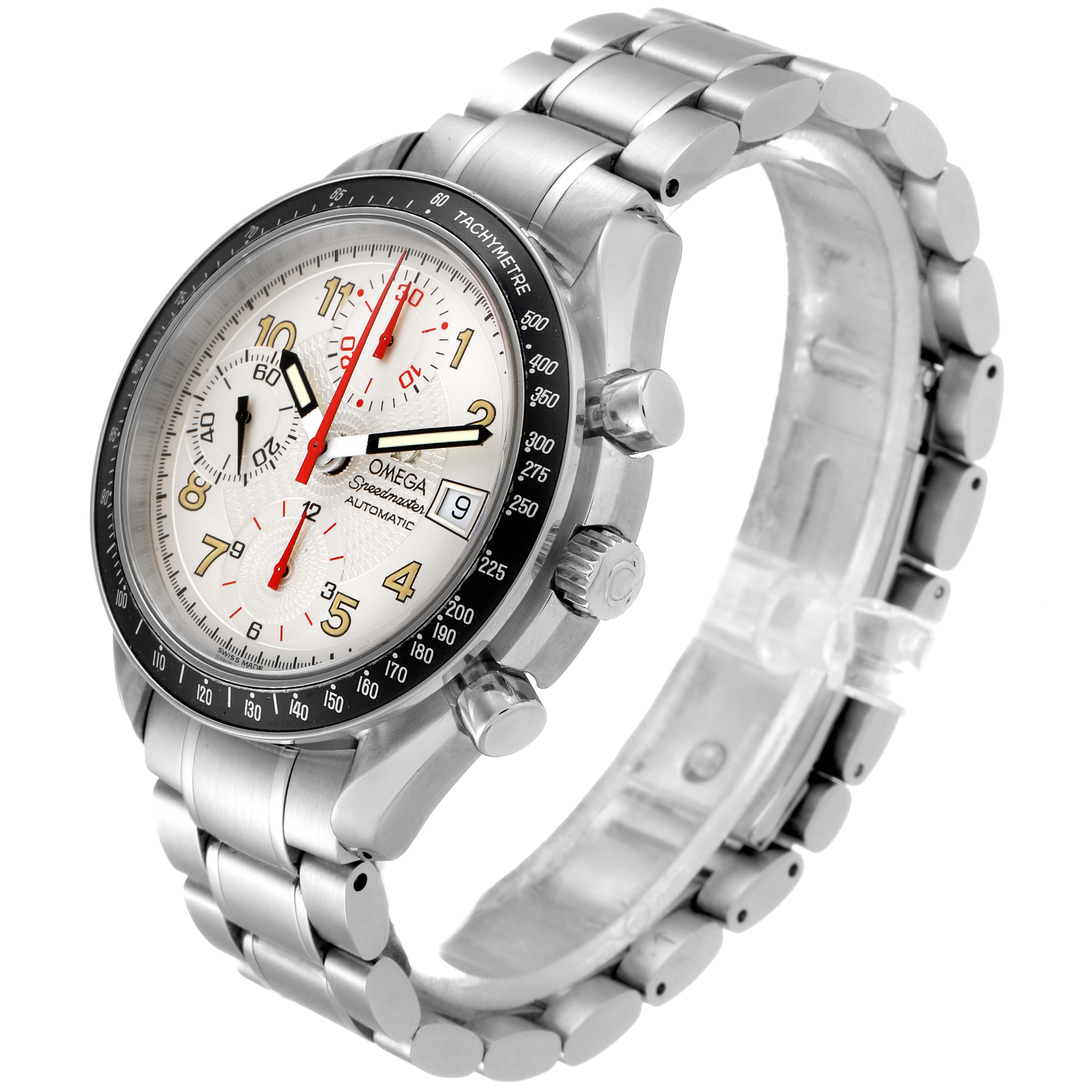 The image shows an Omega Speedmaster 3513.33.00 Men
s Stainless Steel White Dial 3513.33.00 Men
s Stainless Steel White Dial watch at a three-quarter angle highlighting the face, bezel, crown, pushers, and metal bracelet.