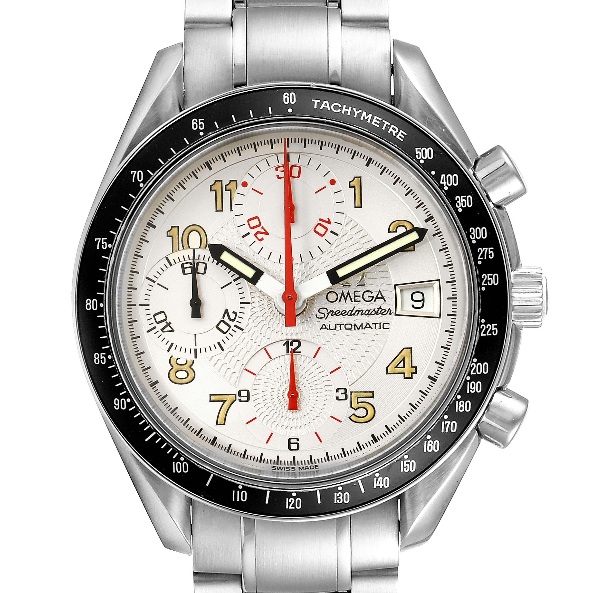 The Omega Speedmaster 3513.33.00 Men
s Stainless Steel White Dial 3513.33.00 Men
s Stainless Steel White Dial watch is shown front-facing, displaying its dial, subdials, bezel, and bracelet.