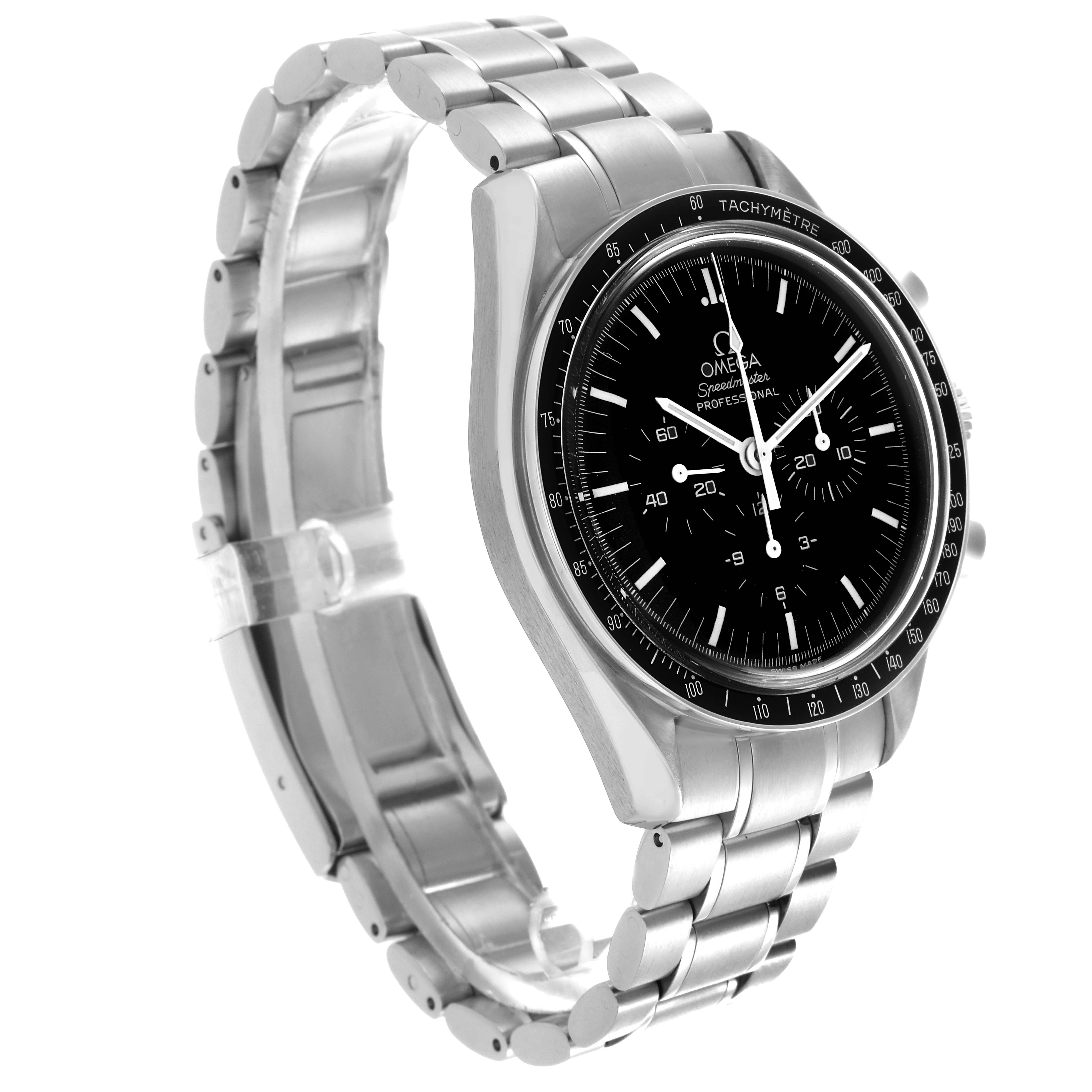 The Omega Speedmaster 3570.50.00 Men's Stainless Steel Black Dial 3570.50.00 Men's Stainless Steel Black Dial watch is shown at a three-quarter angle, highlighting the dial, bezel, and bracelet.