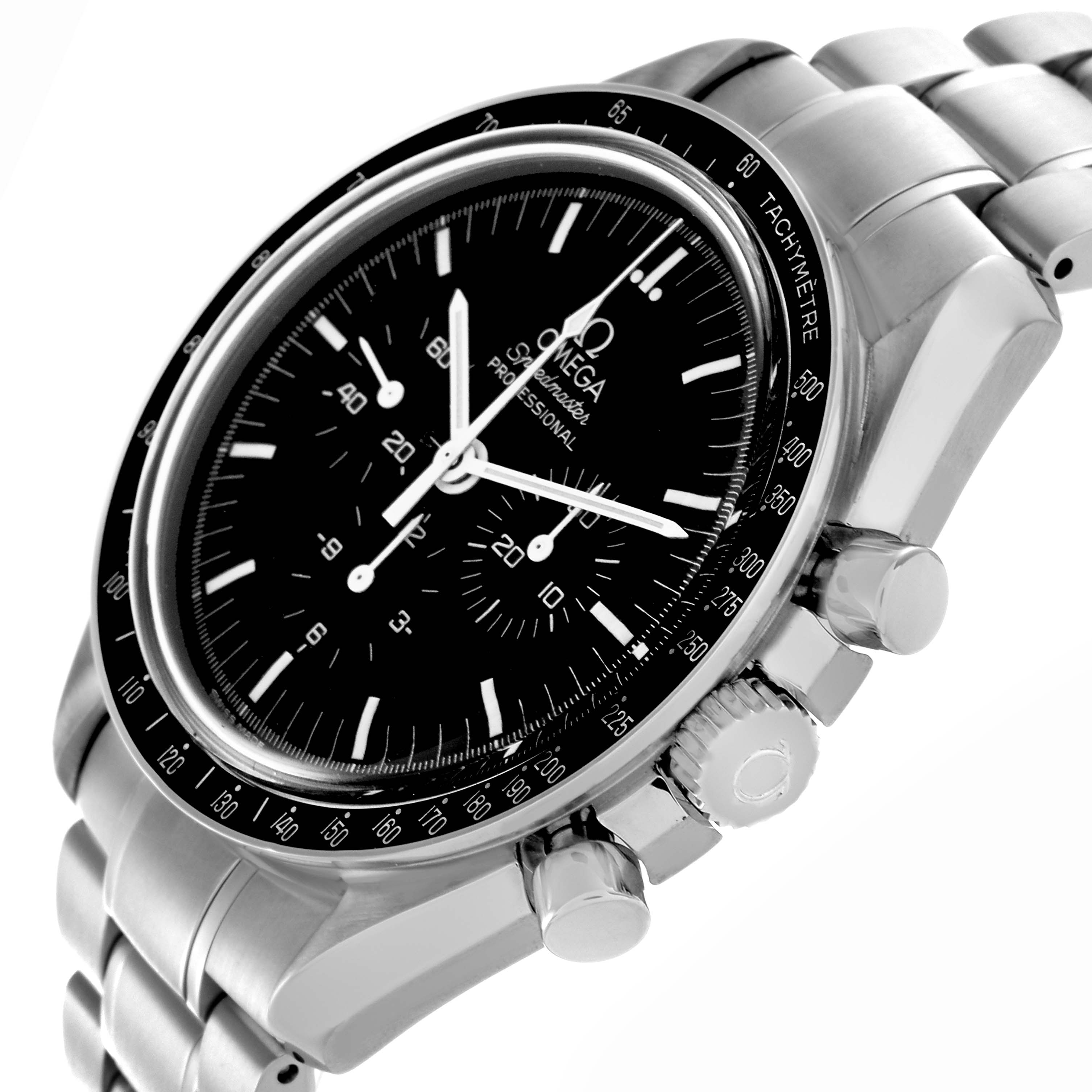 The Omega Speedmaster 3570.50.00 Men's Stainless Steel Black Dial 3570.50.00 Men's Stainless Steel Black Dial watch is shown from a side angle, featuring the bezel, crown, pushers, and bracelet.