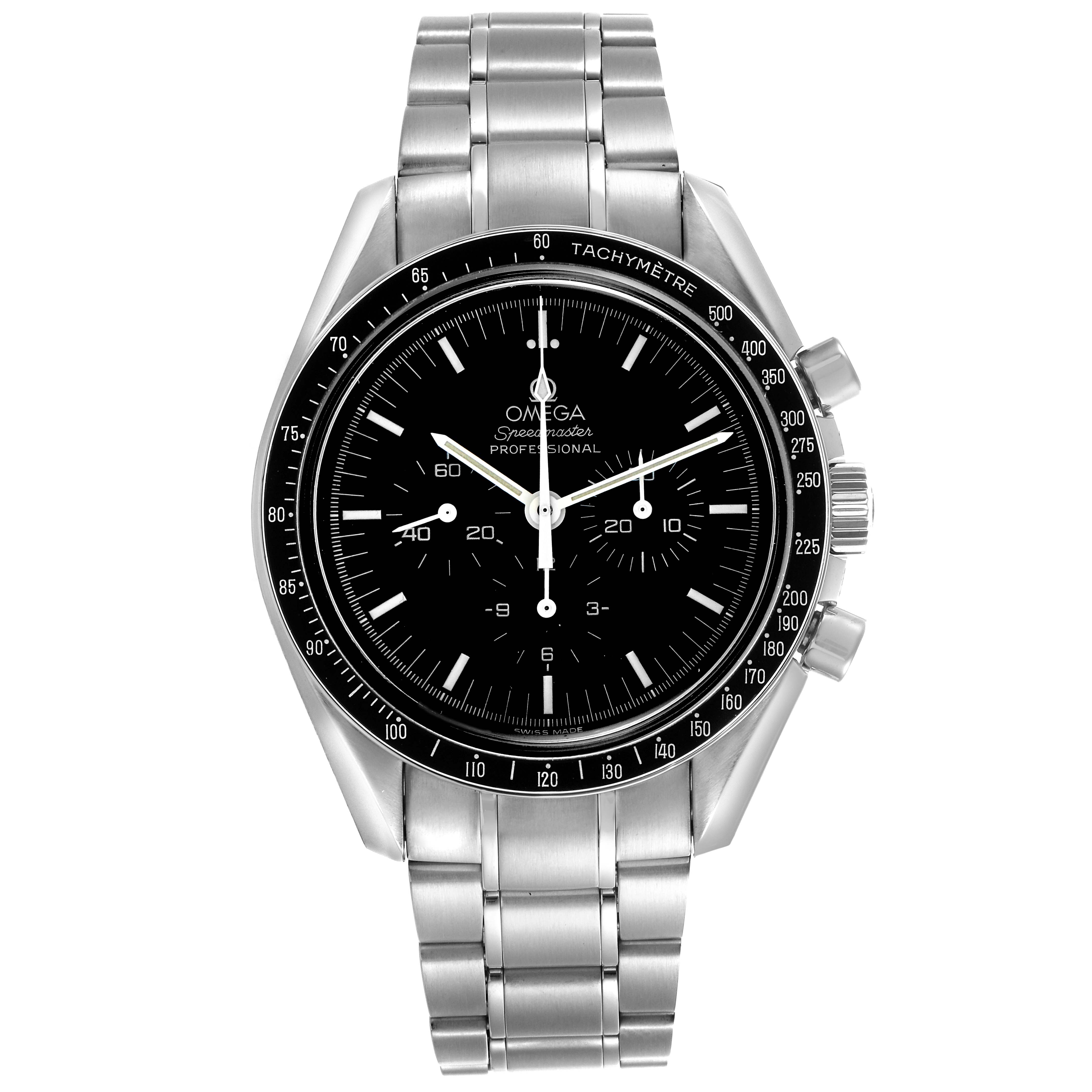 The Omega Speedmaster 3570.50.00 Men's Stainless Steel Black Dial 3570.50.00 Men's Stainless Steel Black Dial watch is shown from a top-down view, displaying its face, bezel, bracelet, and pushers.