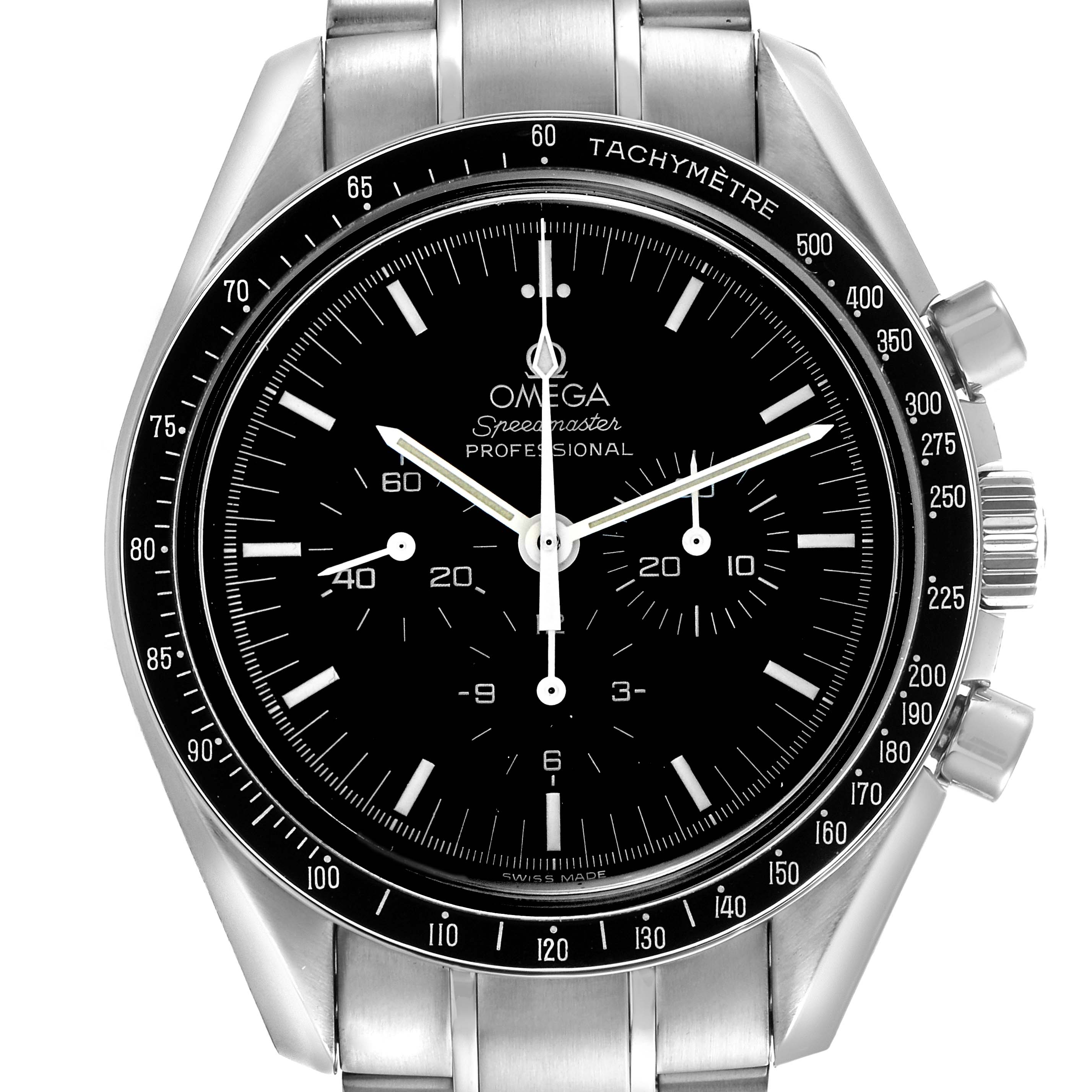 The image shows a front view of the Omega Speedmaster 3570.50.00 Men's Stainless Steel Black Dial 3570.50.00 Men's Stainless Steel Black Dial watch, highlighting the dial, tachymeter bezel, and chronograph subdials.