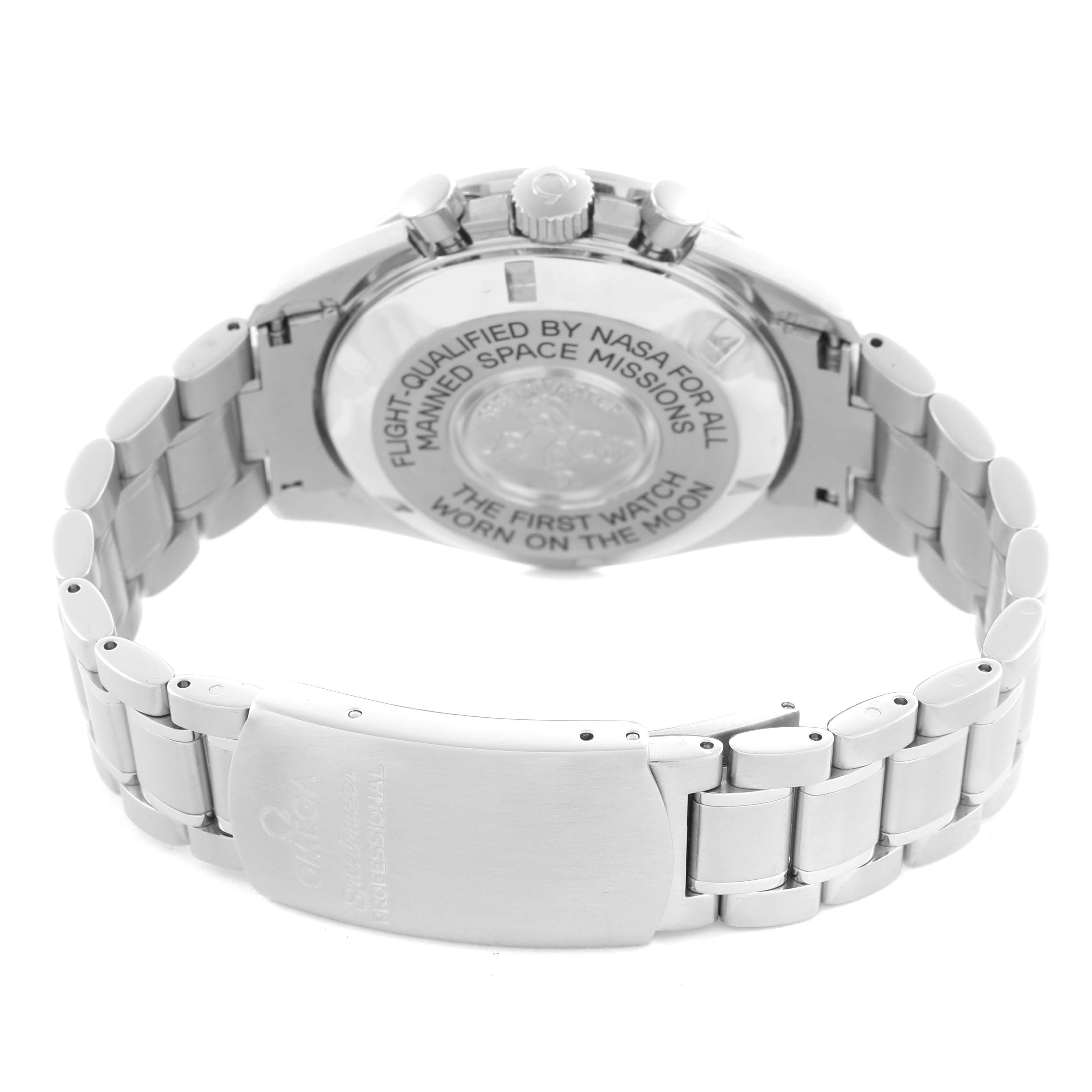 The image shows the back and bracelet of an Omega Speedmaster 3570.50.00 Men's Stainless Steel Black Dial 3570.50.00 Men's Stainless Steel Black Dial, highlighting the clasp and engraved case back.