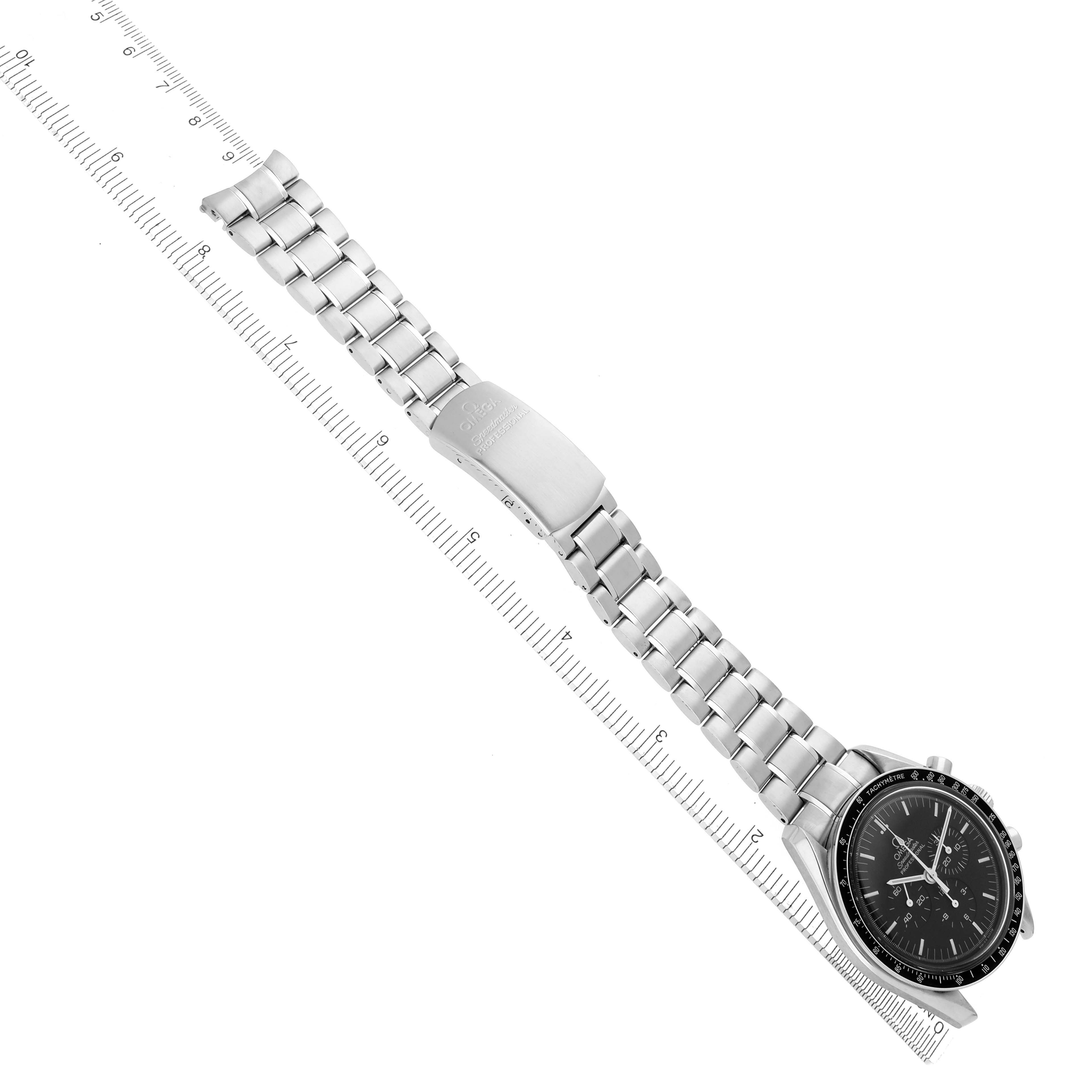 The image shows an Omega Speedmaster 3570.50.00 Men's Stainless Steel Black Dial 3570.50.00 Men's Stainless Steel Black Dial watch laid flat, displaying the dial, bracelet, and clasp at an overhead angle.