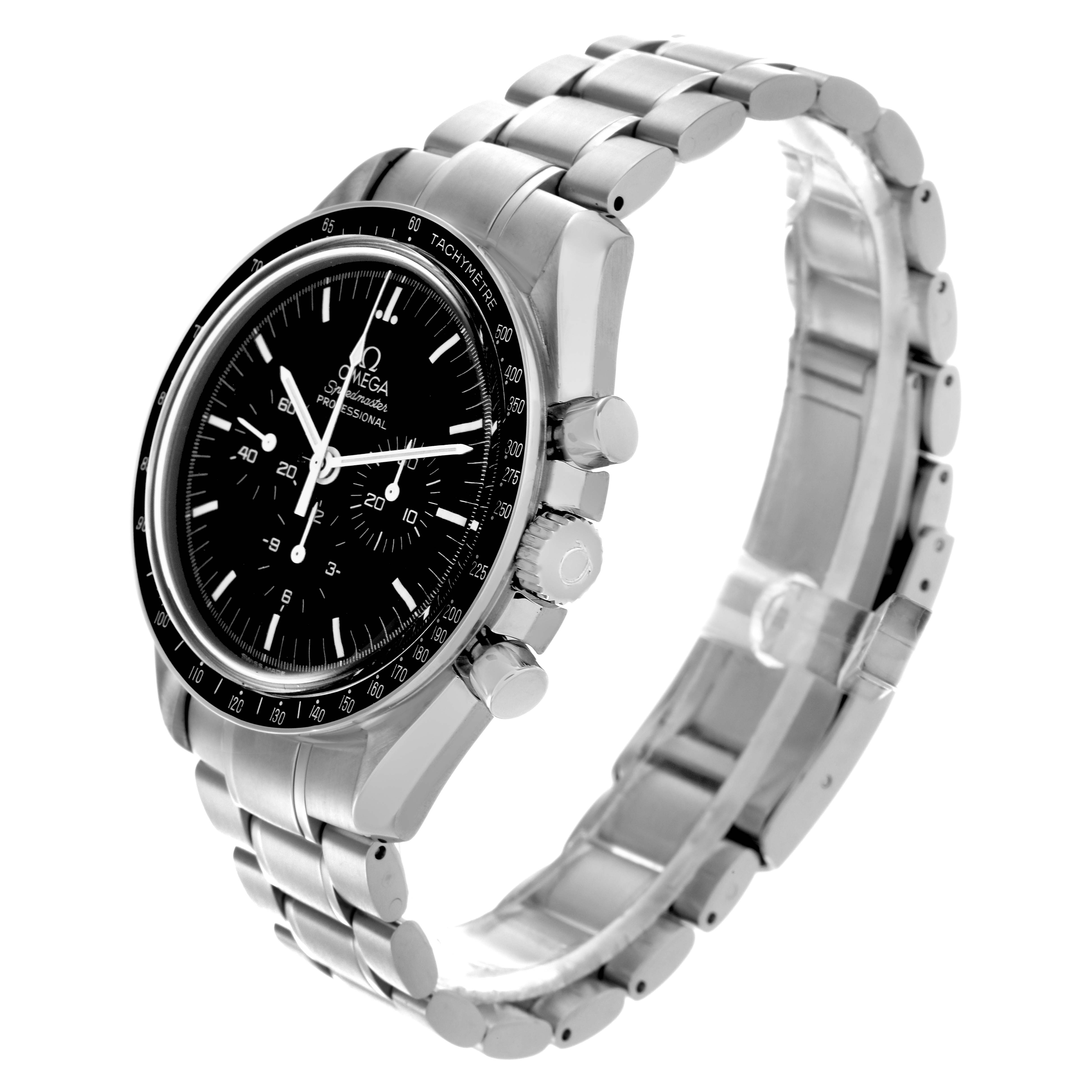 The Omega Speedmaster 3570.50.00 Men's Stainless Steel Black Dial 3570.50.00 Men's Stainless Steel Black Dial watch is shown at a three-quarter angle, highlighting the face, bezel, and bracelet.