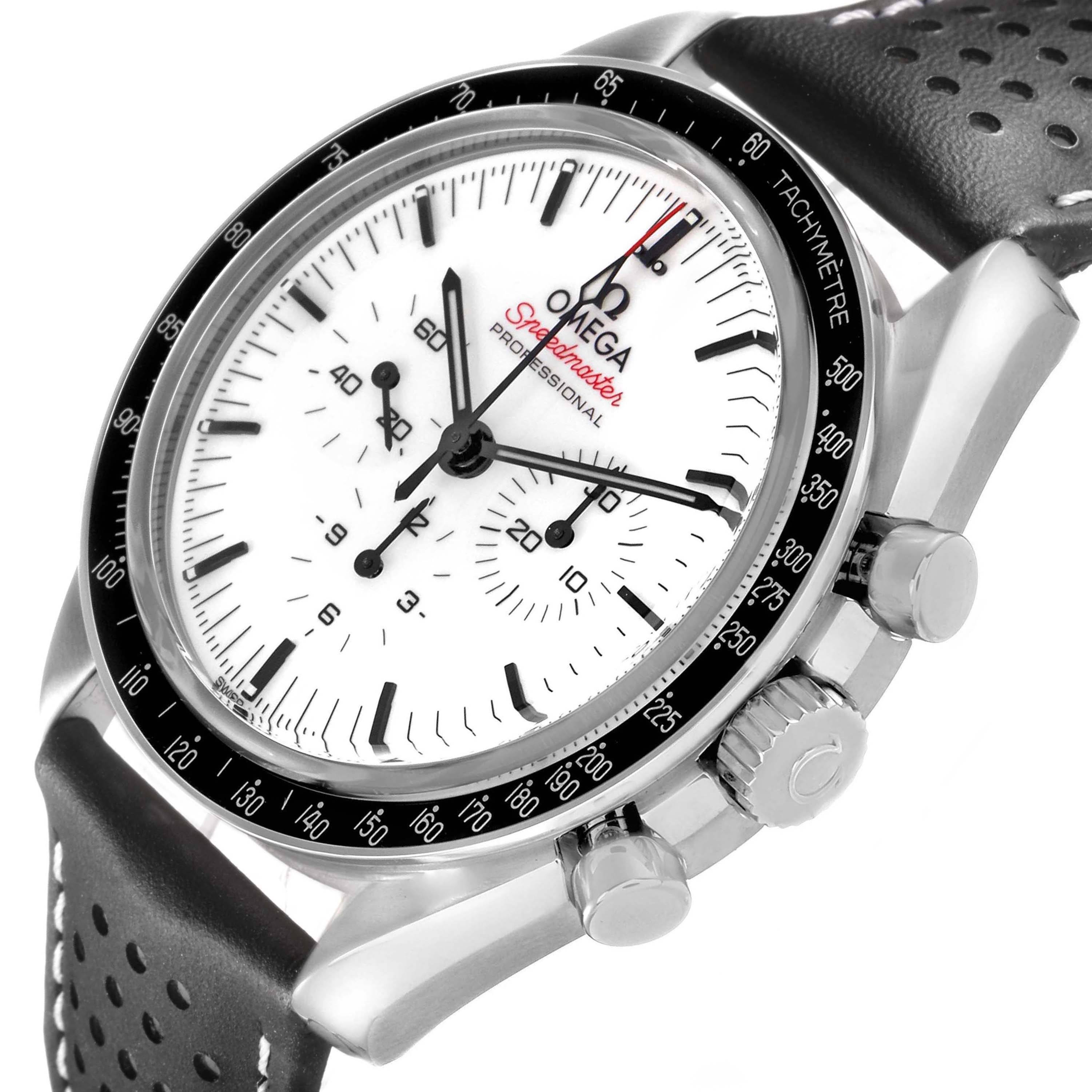 The Omega Speedmaster 310.32.42.50.04.002 Men's Stainless Steel White Dial watch is shown at an angle highlighting the face, bezel, pushers, and crown with a perforated leather strap.