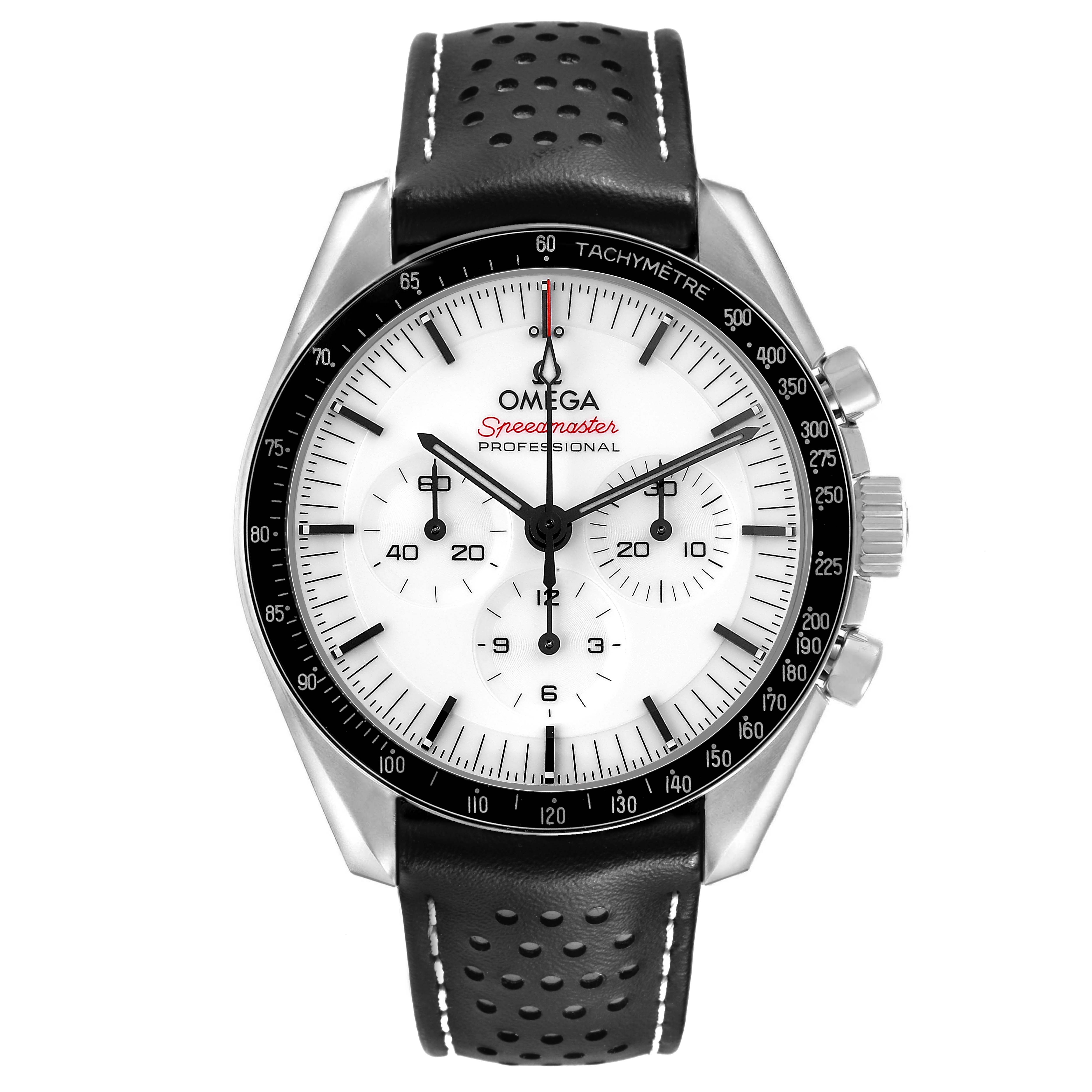 The Omega Speedmaster 310.32.42.50.04.002 Men's Stainless Steel White Dial watch is shown from the front, displaying the dial, tachymeter bezel, and leather strap.