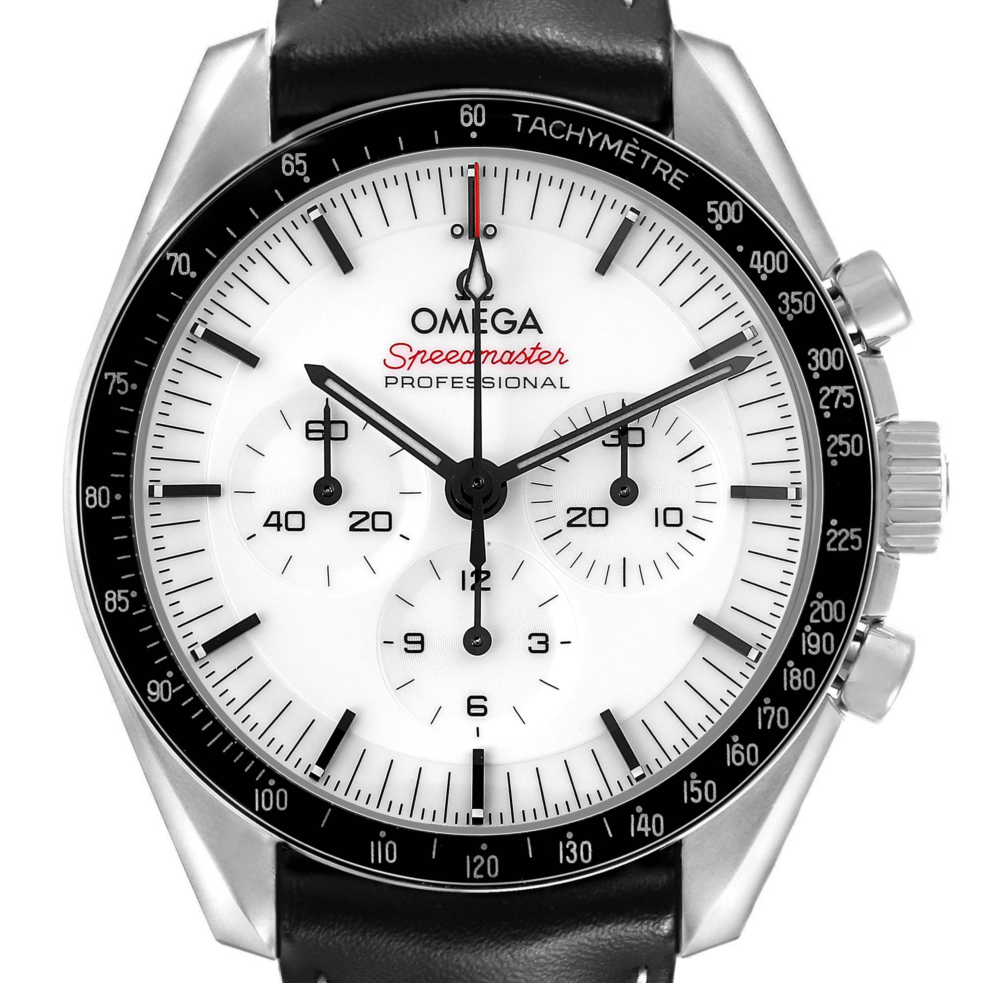 The Omega Speedmaster 310.32.42.50.04.002 Men's Stainless Steel White Dial watch is shown from a front angle, highlighting the dial, bezel, sub-dials, and crown.