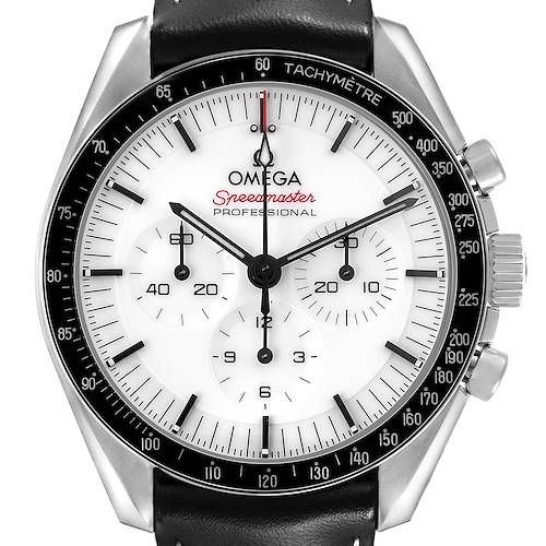The Omega Speedmaster 310.32.42.50.04.002 Men's Stainless Steel White Dial watch is shown from a front angle, highlighting the tachymeter bezel, sub-dials, and crown.