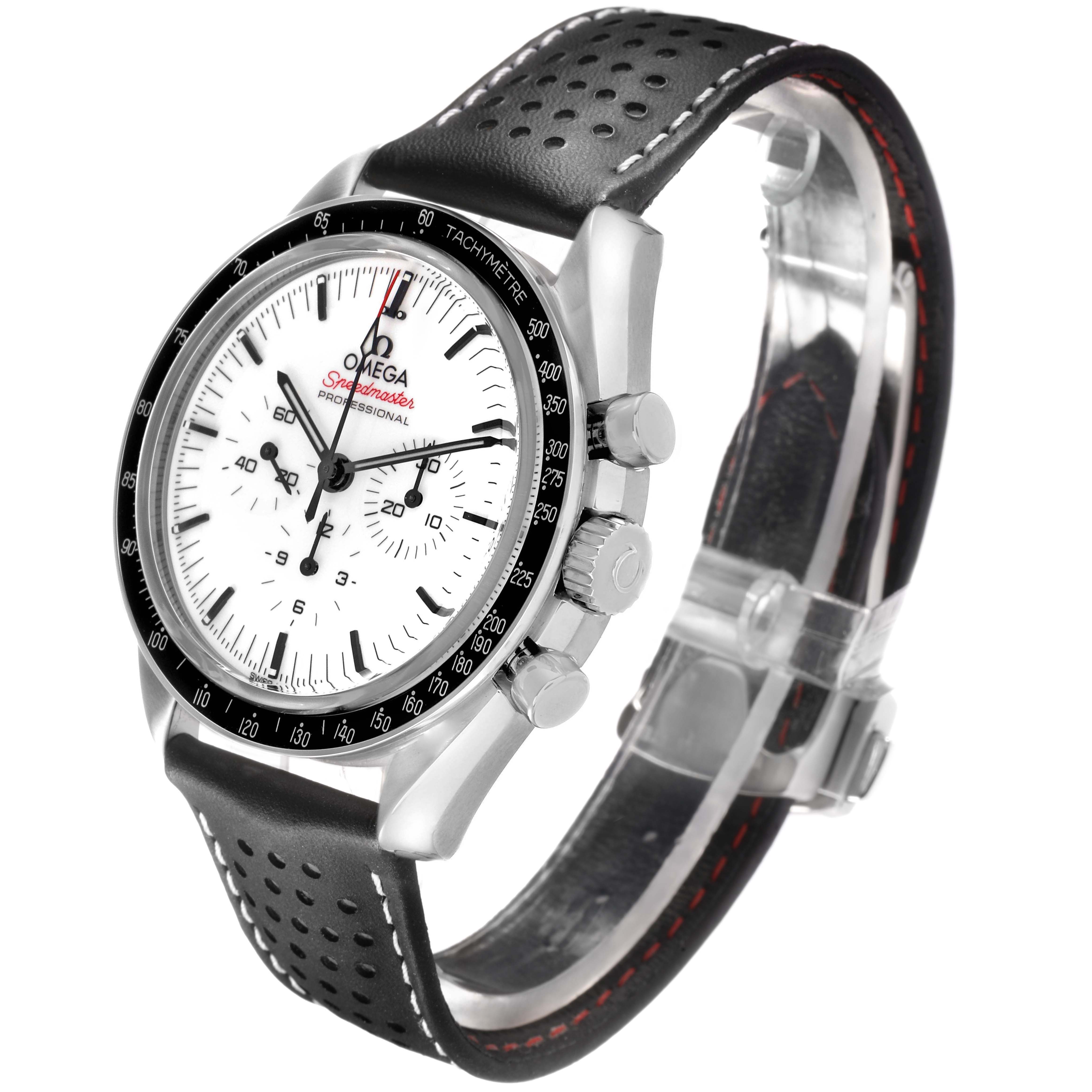The Omega Speedmaster 310.32.42.50.04.002 Men's Stainless Steel White Dial watch is shown at an angled side view, highlighting its face, bezel, crown, pushers, and strap.