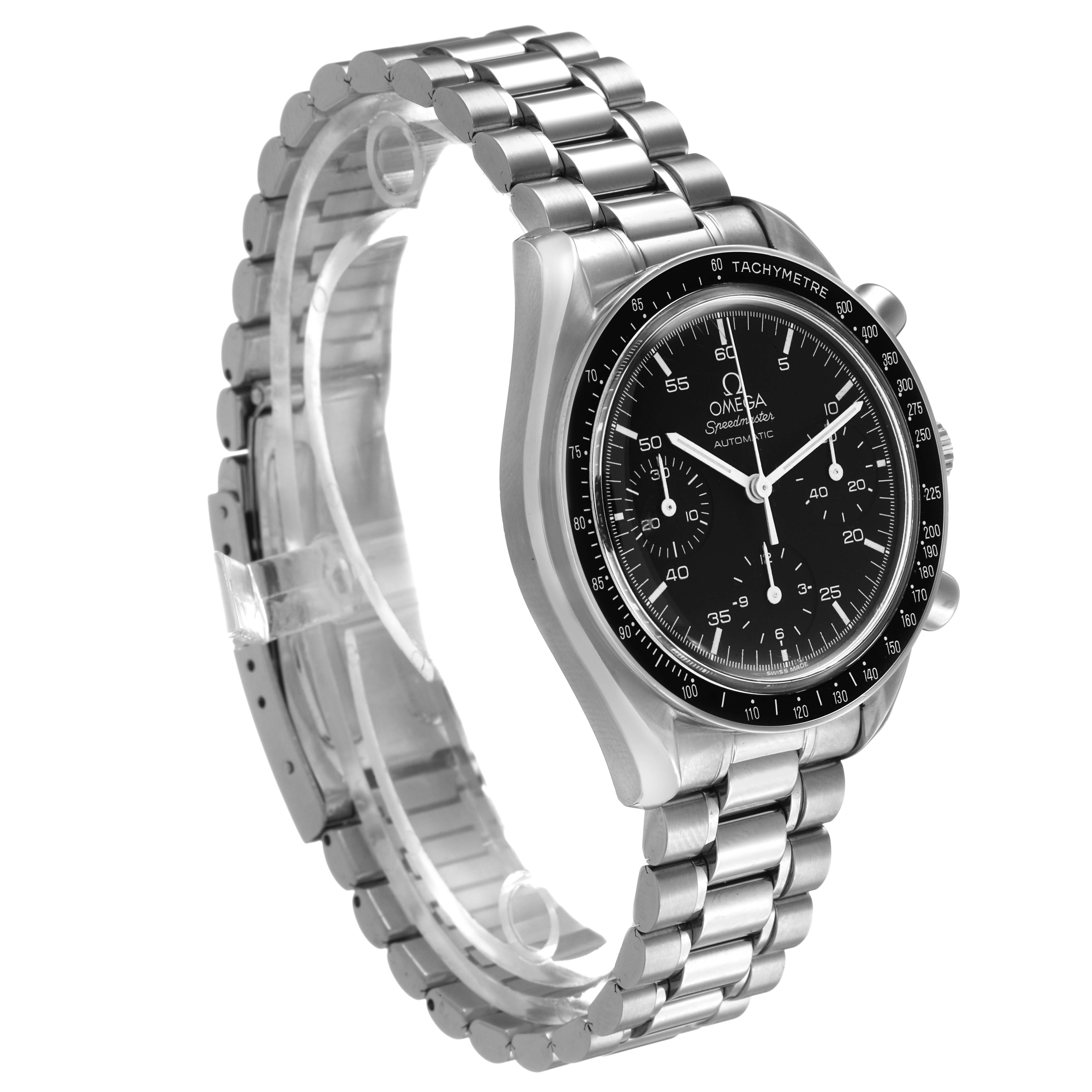 The Omega Speedmaster 3510.50.00 Men's Stainless Steel Black Dial is shown from a front-side angle, displaying the face, bezel, and bracelet.