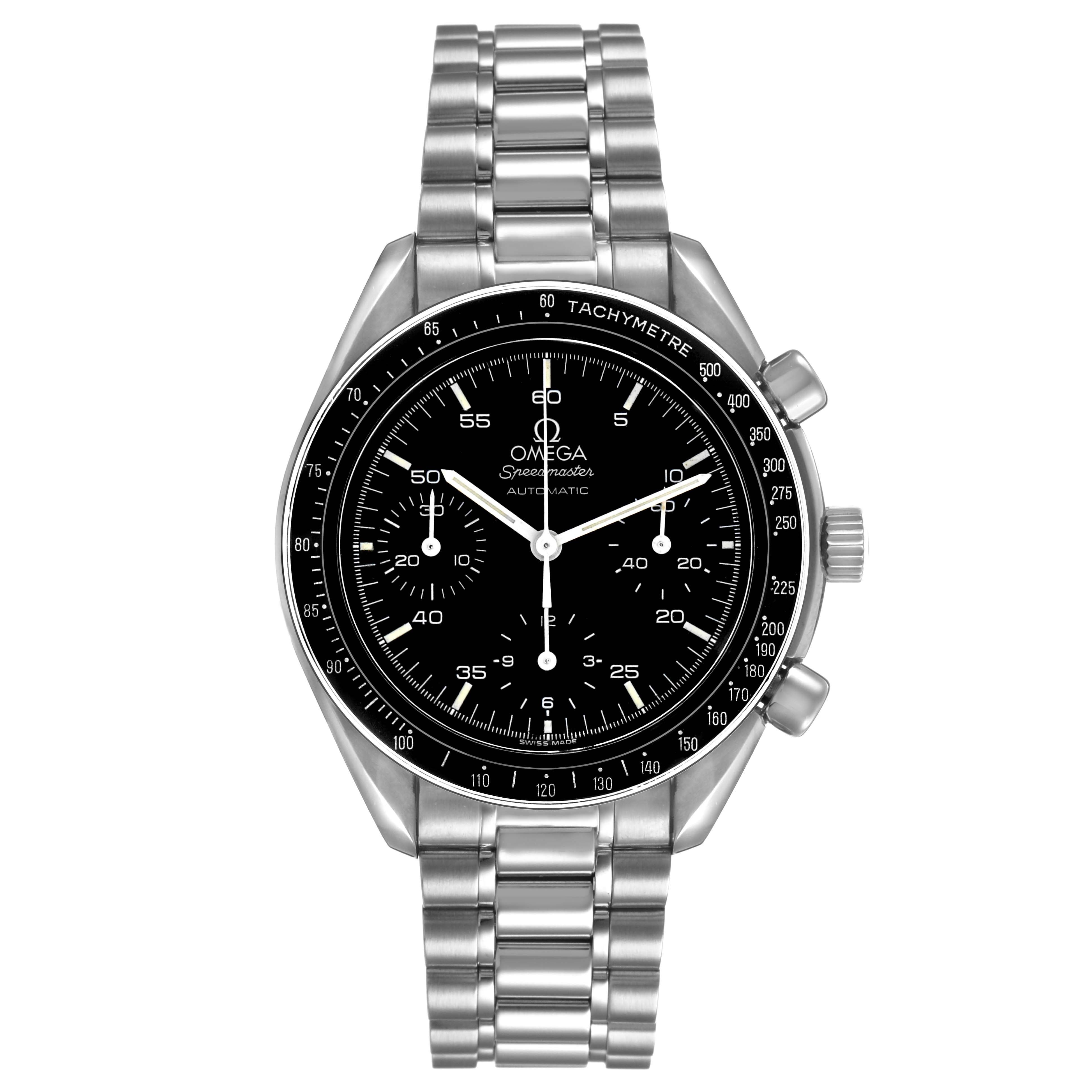 The Omega Speedmaster 3510.50.00 Men's Stainless Steel Black Dial watch is shown from a top-down angle, displaying the face, tachymeter bezel, and bracelet.