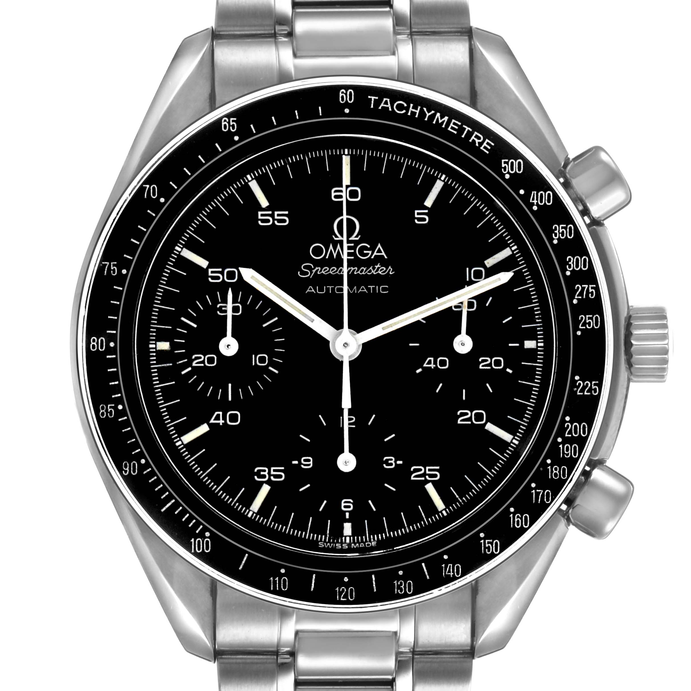 The Omega Speedmaster 3510.50.00 Men's Stainless Steel Black Dial watch is shown from the front, highlighting the dial, bezel, and pushers.