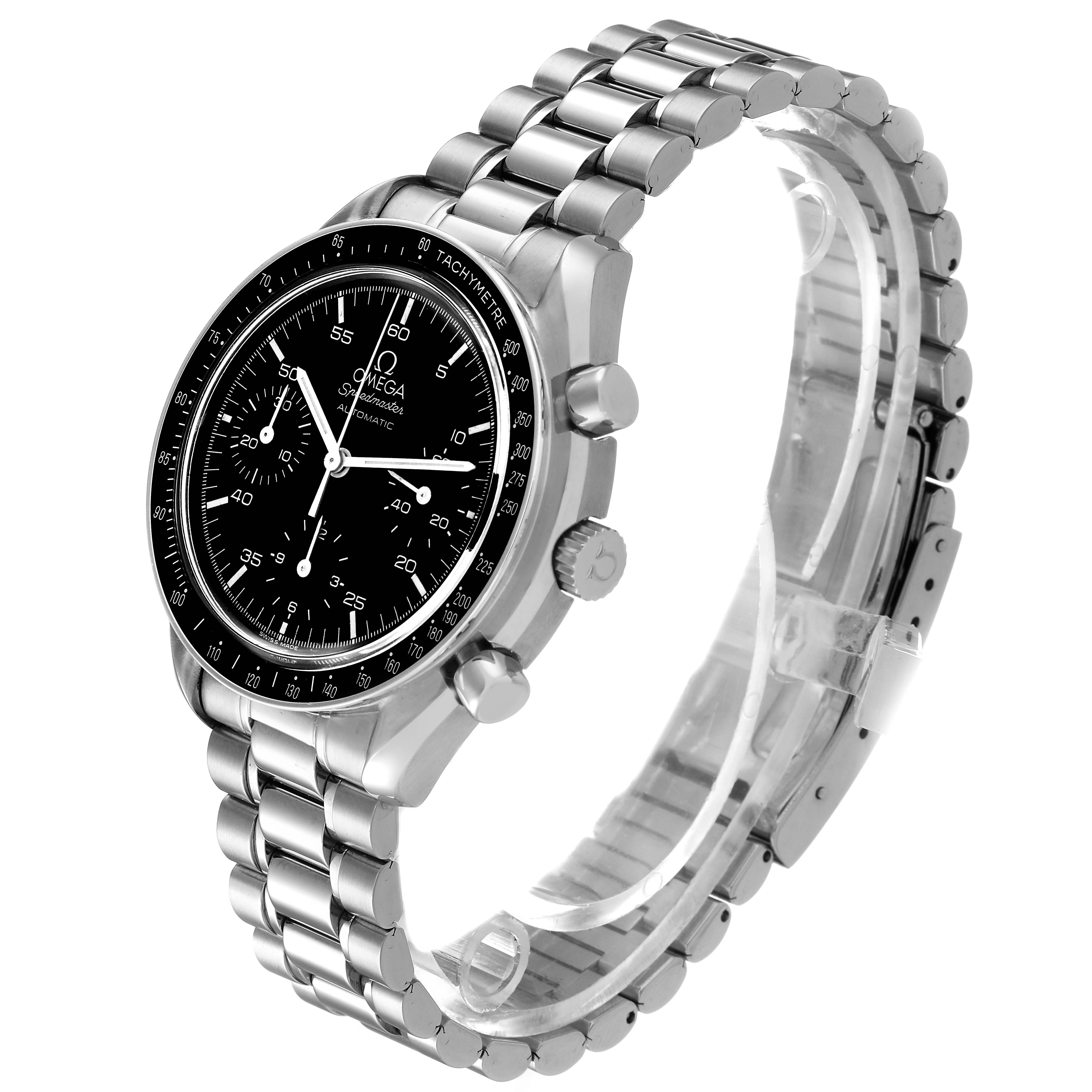 The Omega Speedmaster 3510.50.00 Men's Stainless Steel Black Dial is shown from a three-quarter angle, highlighting the bezel, pushers, crown, and bracelet.