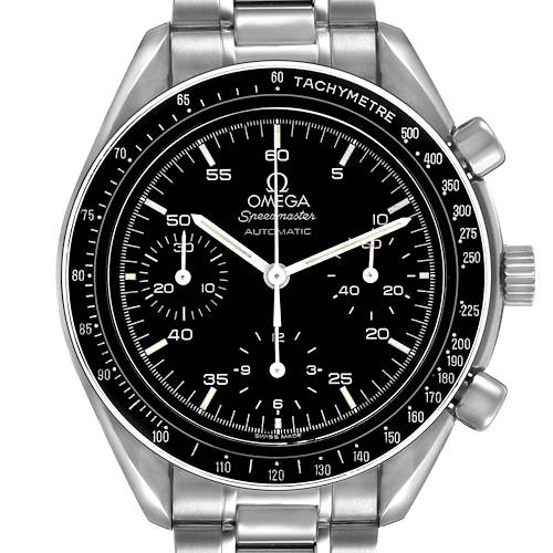 The Omega Speedmaster 3510.50.00 Men's Stainless Steel Black Dial watch is shown from a front angle, displaying its dial, tachymeter bezel, and metal bracelet.