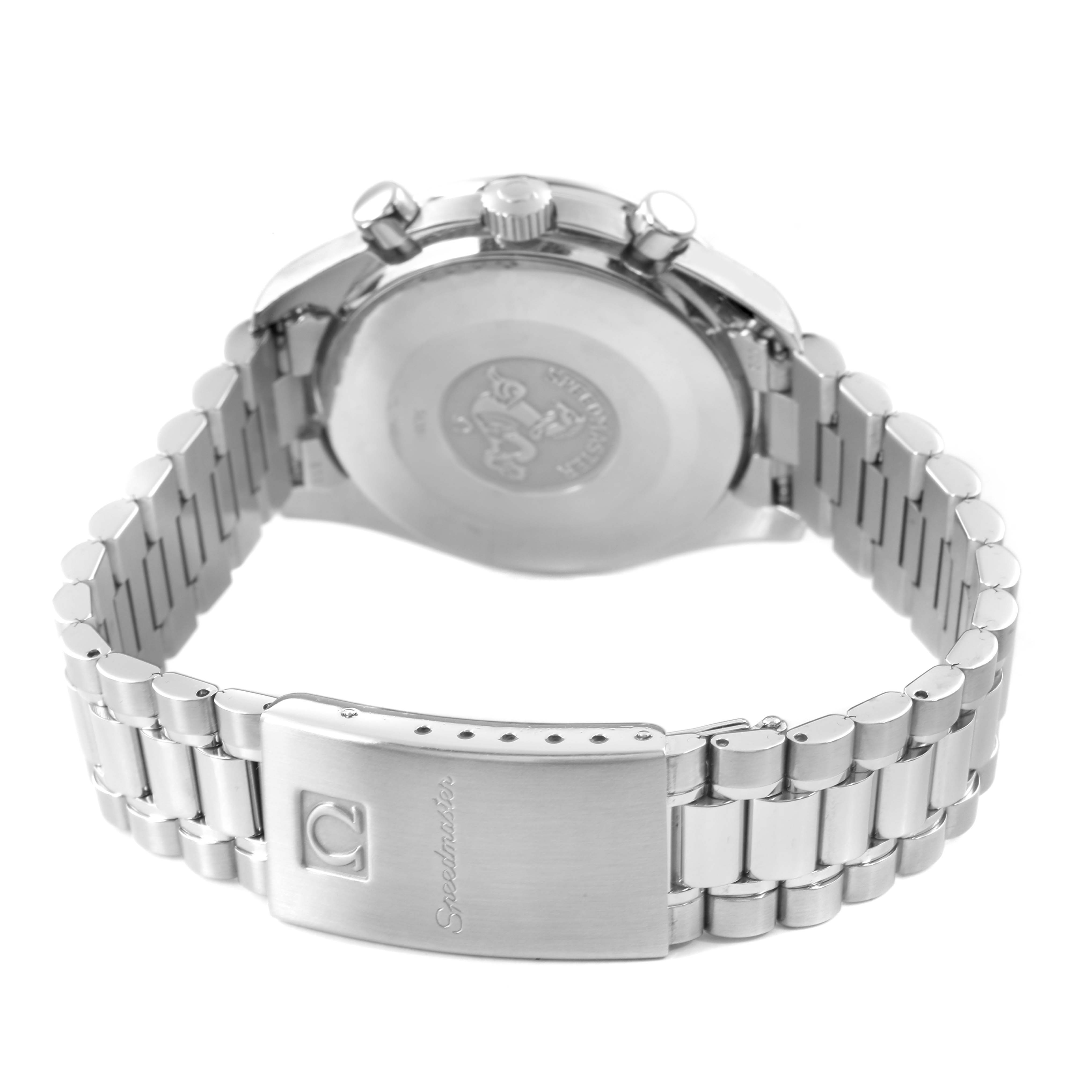The Omega Speedmaster 3510.50.00 Men's Stainless Steel Black Dial watch is shown from the back, highlighting the clasp, bracelet, and case back with its engravings.