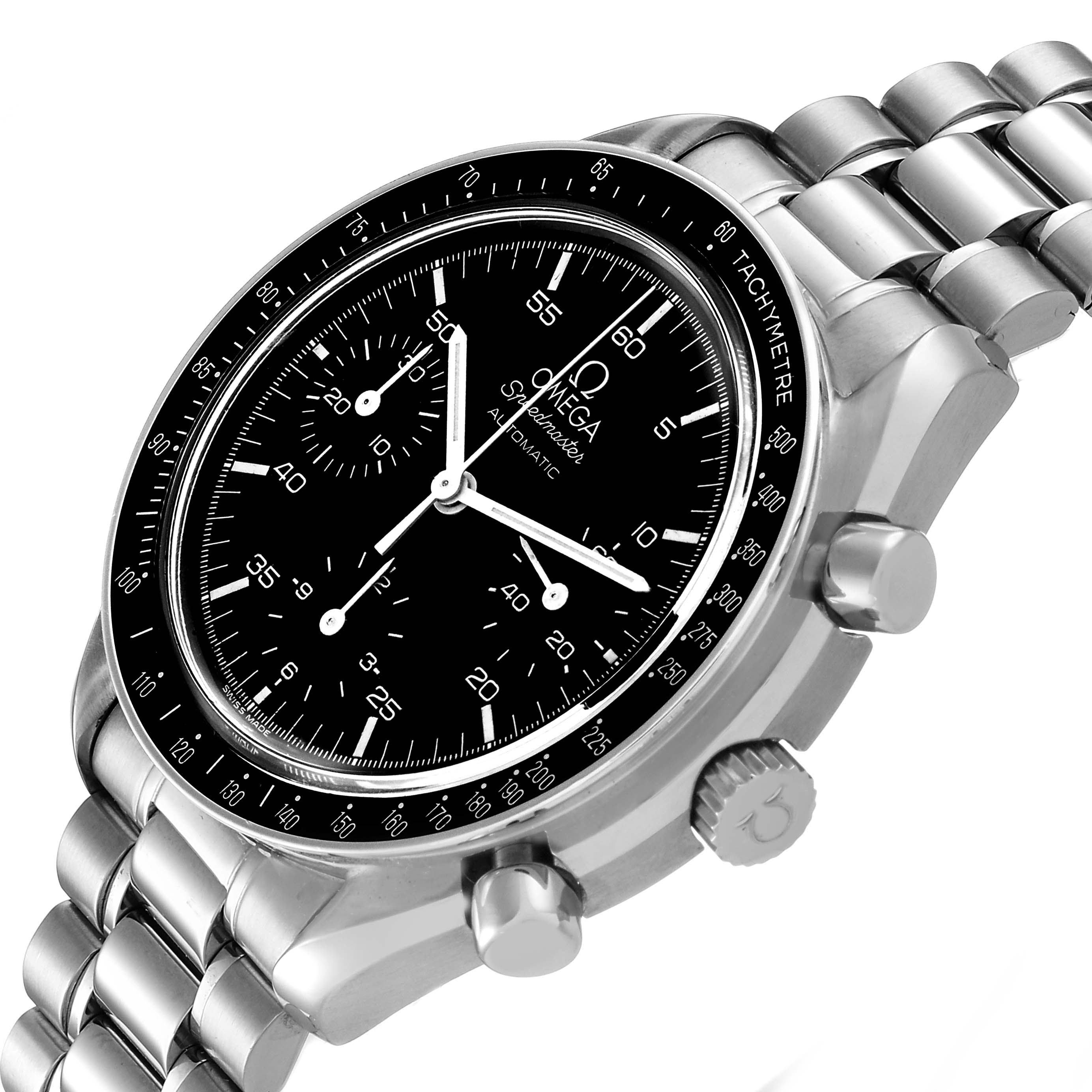 The Omega Speedmaster 3510.50.00 Men's Stainless Steel Black Dial watch is shown at an angle highlighting the face, bezel, crown, and part of the bracelet.