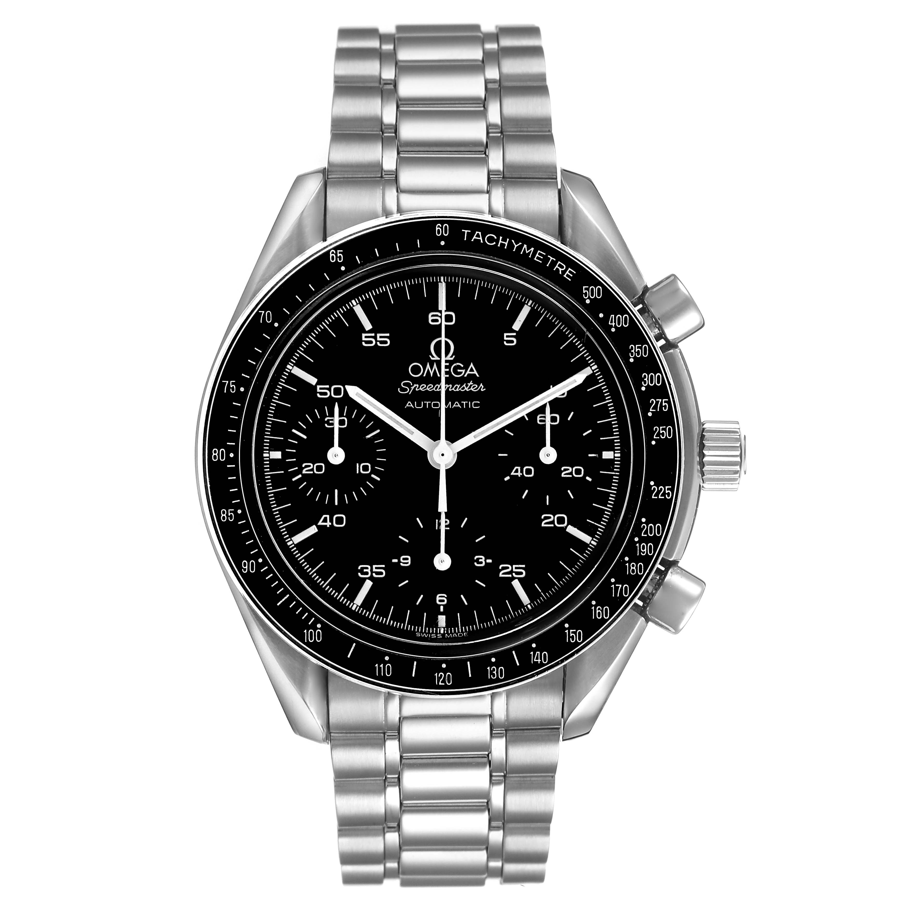 The Omega Speedmaster 3510.50.00 Men's Stainless Steel Black Dial is shown from a front angle, displaying its face, bezel, and metal bracelet clearly.