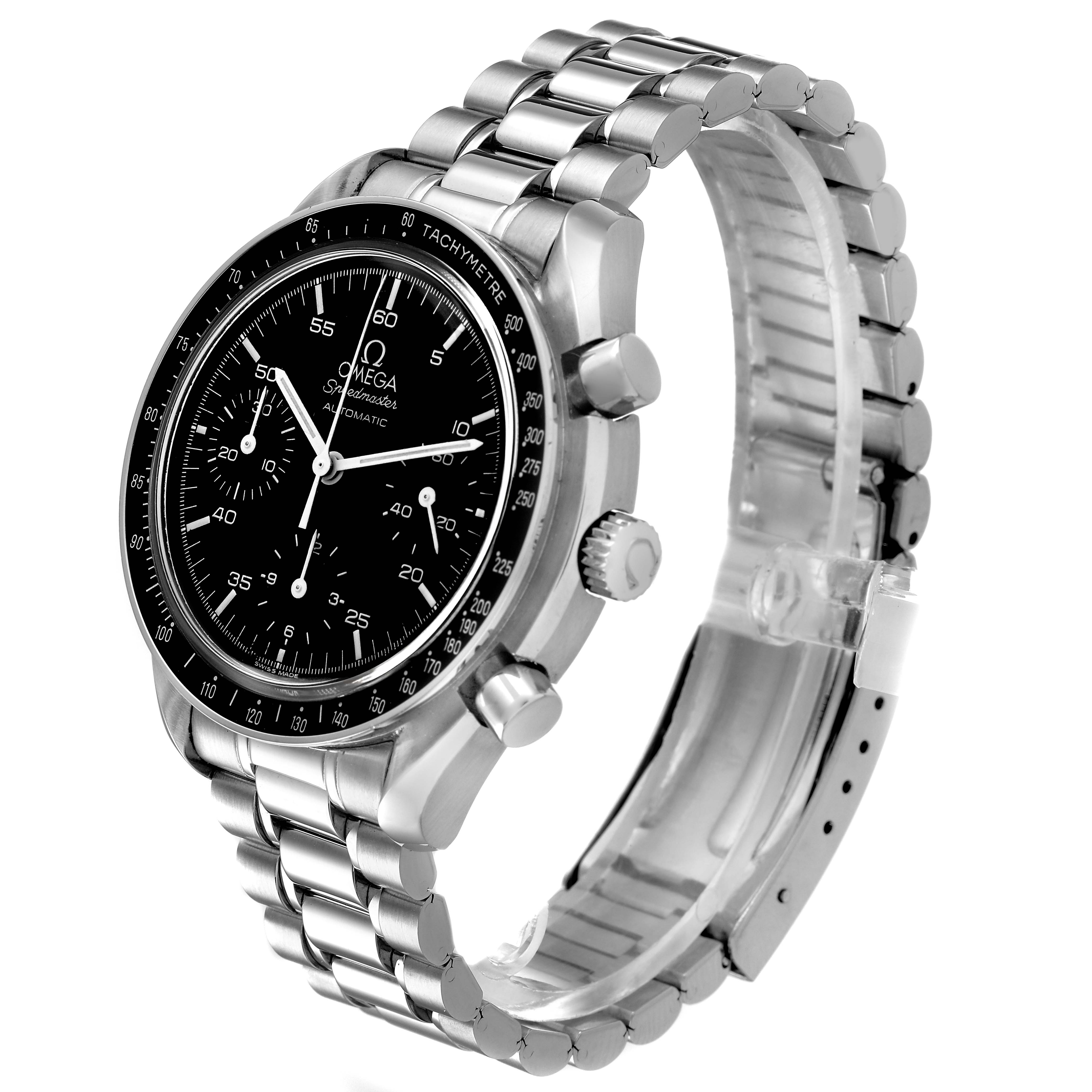 The Omega Speedmaster 3510.50.00 Men's Stainless Steel Black Dial watch is shown at a three-quarter angle, displaying the face, bezel, crown, pushers, and metal bracelet.