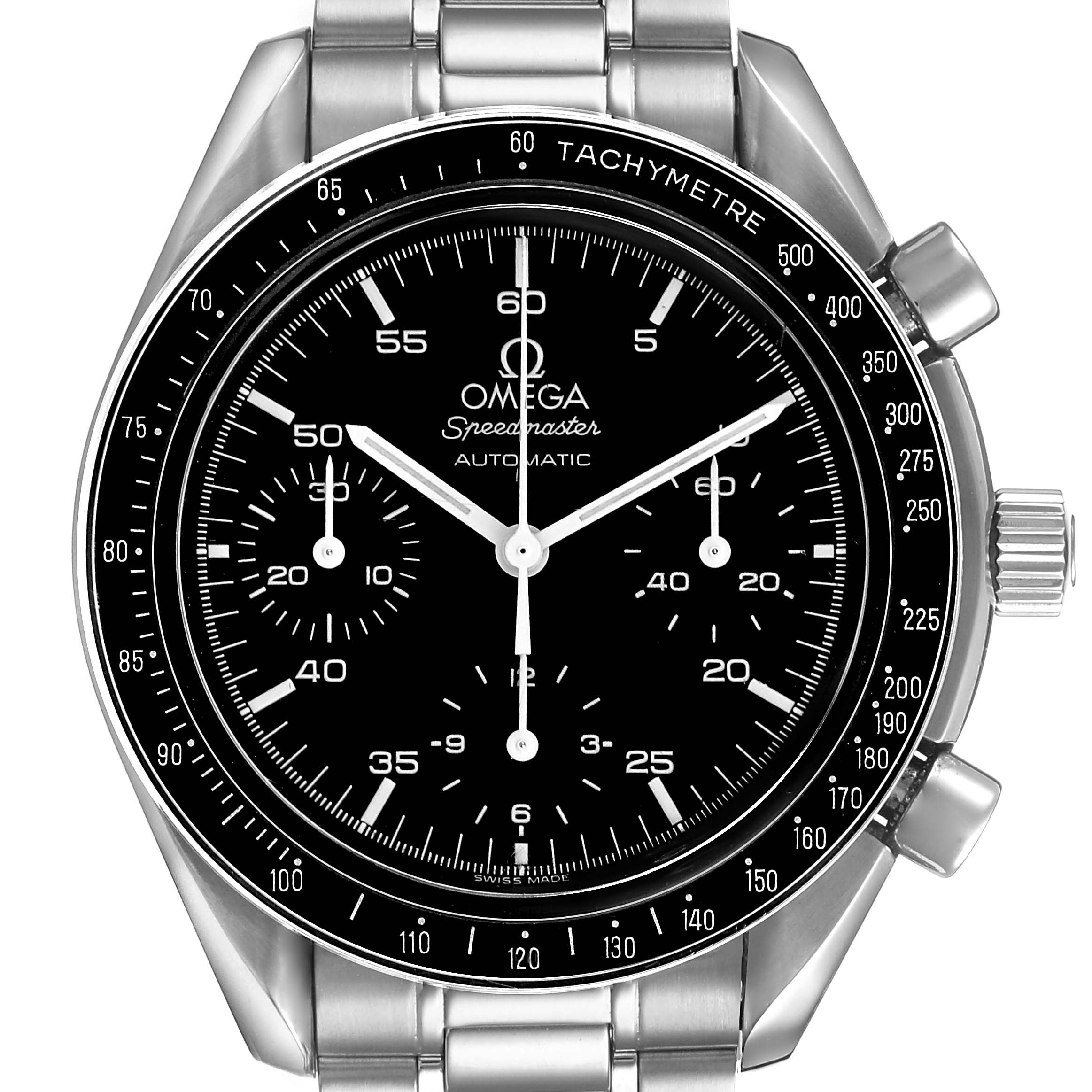 The Omega Speedmaster 3510.50.00 Men's Stainless Steel Black Dial watch is shown from the front, displaying the face, tachymeter, and chronograph dials.