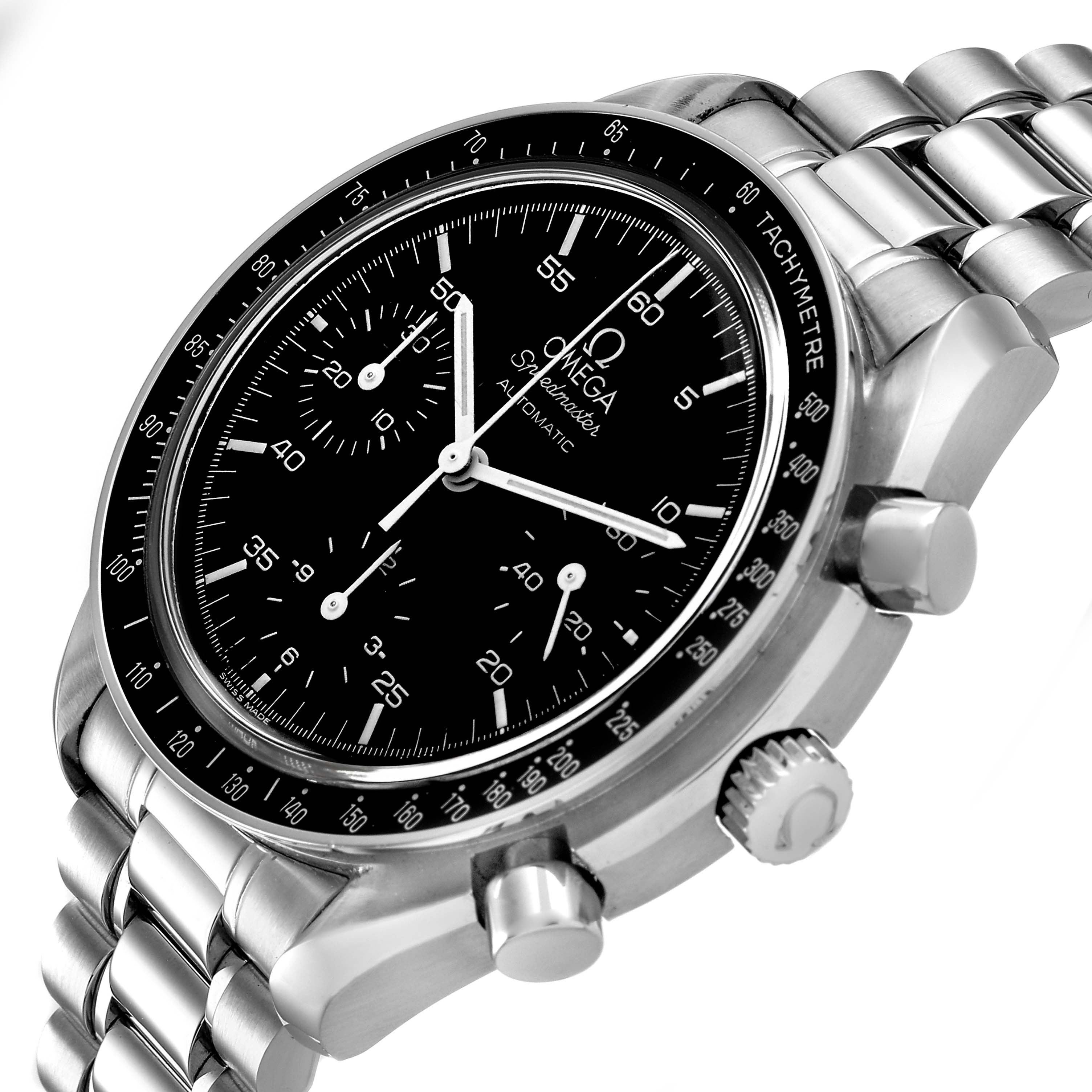 The Omega Speedmaster 3510.50.00 Men's Stainless Steel Black Dial watch is shown at an angled view highlighting the black dial, tachymeter bezel, crown, pushers, and stainless steel bracelet.