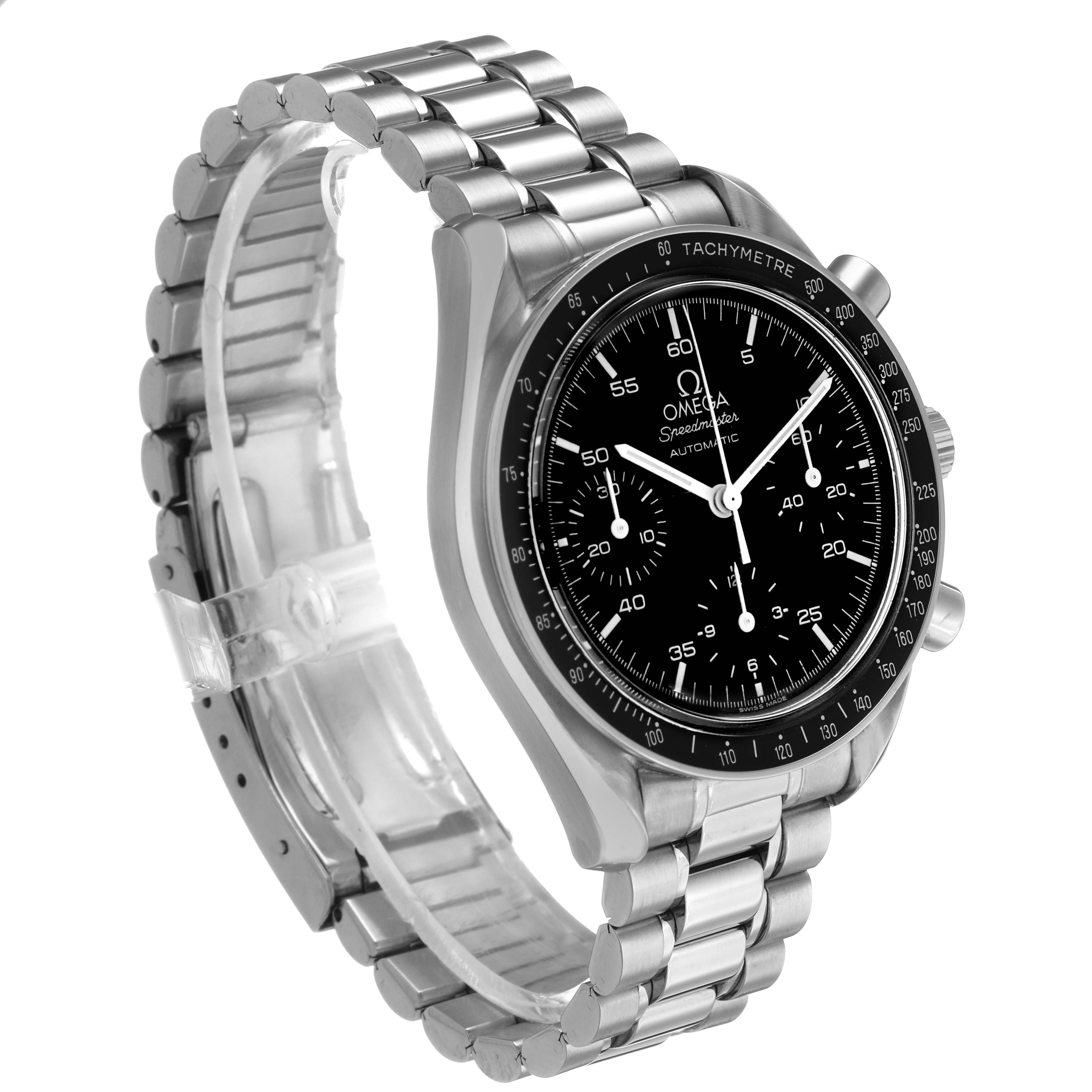 The Omega Speedmaster 3510.50.00 Men's Stainless Steel Black Dial watch is shown at a slight angle, highlighting the face, tachymeter bezel, and stainless steel bracelet.