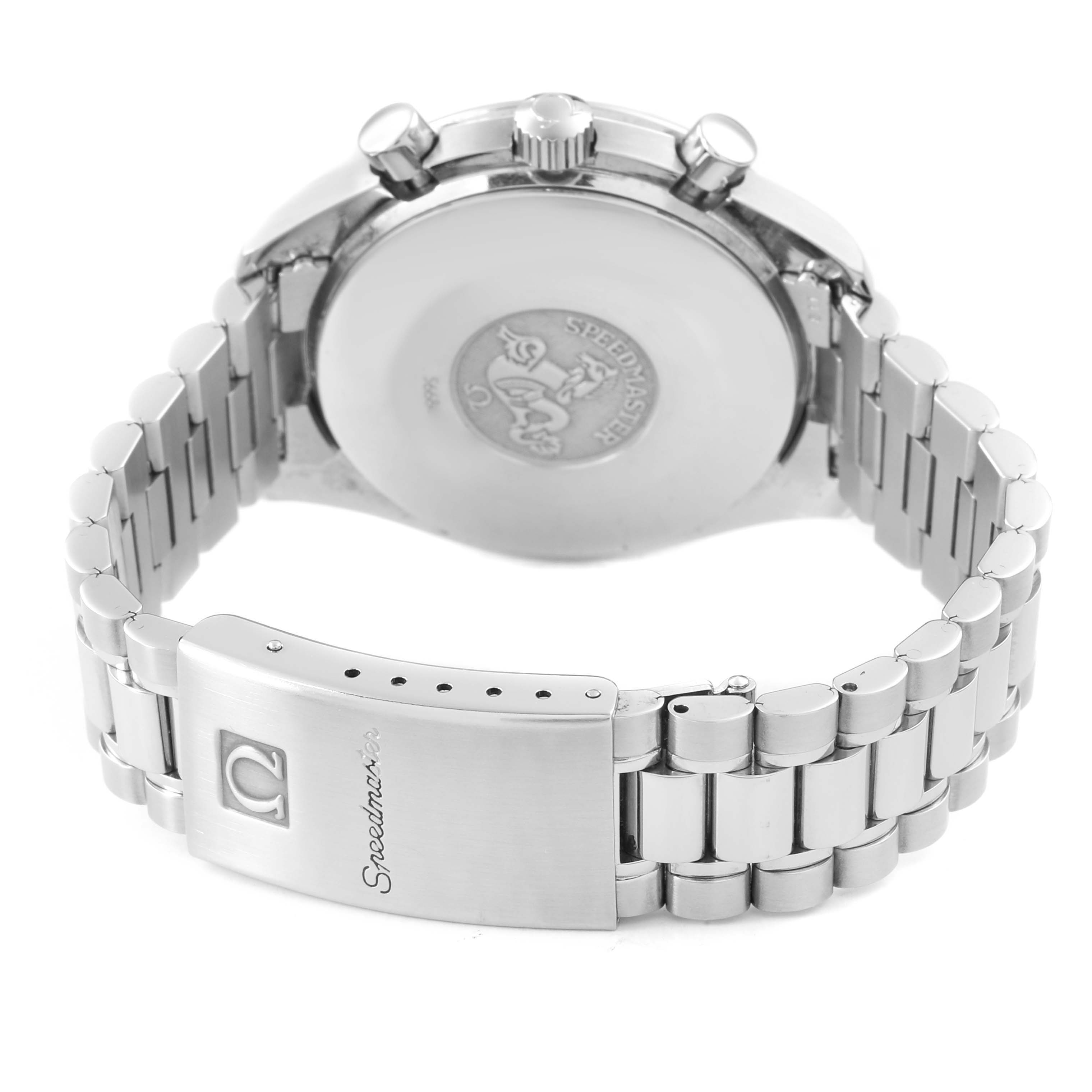 The Omega Speedmaster 3510.50.00 Men's Stainless Steel Black Dial watch is shown from the back, highlighting the clasp, bracelet, and the engraved case back.