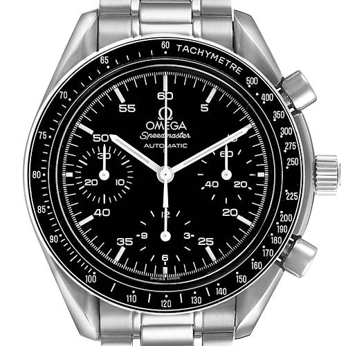 The Omega Speedmaster 3510.50.00 Men's Stainless Steel Black Dial watch is shown from a front angle, highlighting the dial, tachymeter bezel, and metal bracelet.